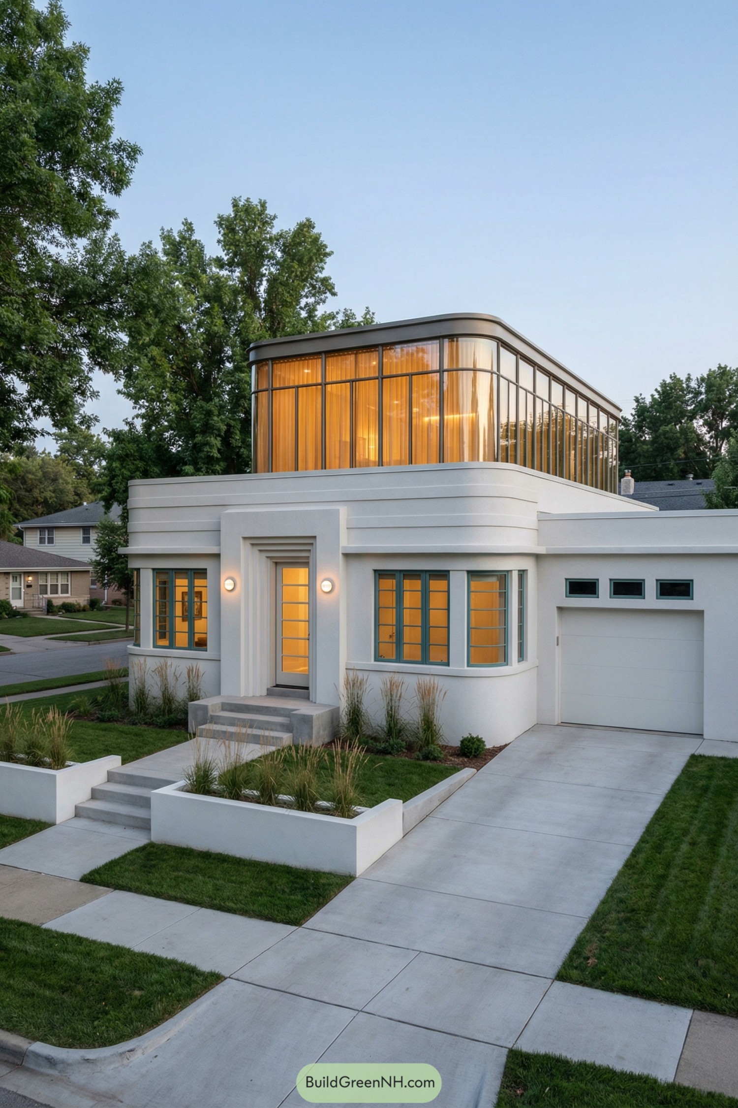 Two-story white art deco house with glowing glass rooftop level at dusk