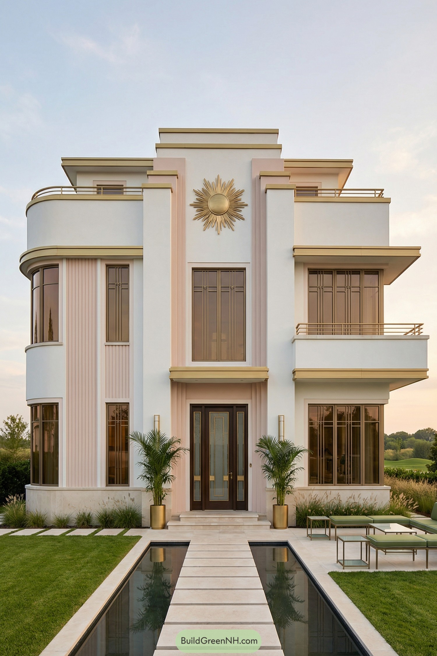 high-res photo of modern art deco house, facade with clean white stucco and vertical paneling, symmetrical front with stepped central volume, rounded corner bay on one side and flat rectangular wing on the other, bold geometric gold-metal trim bands and sunburst medallion above the entry; colors in soft white, pale blush-pink, deep emerald-green accents, warm brushed-gold metalwork, light natural stone at the base; structure composed of stacked boxy forms with subtle curves, cantilevered upper balcony, slim horizontal overhangs, recessed entry niche; materials including smooth stucco, honed light limestone plinth, brushed gold-toned aluminum trims and railings, tinted glass balustrades; flat roof with slight parapet, layered roofline with stepped art deco silhouette and concealed drainage, thin gold coping; tall vertically divided windows, some narrow and fluted, others wide with grid mullions, bronze-tinted glazing, rounded corner window on the bay volume; main door as a tall double-leaf in dark wood with central frosted-glass panels framed by gold geometric inlays, flanked by slim sidelights and a shallow stone stair; outdoor area with straight stone walkway, rectangular reflecting pool aligned with the entry, minimal gold-framed seating terrace with green upholstered outdoor benches, low glass-and-metal side tables; landscaping with manicured rectangular lawn panels, tall potted palms in gold cylindrical planters, low ornamental grasses, a few sculpted shrubs in white planters, discreet ground lighting along the path; surrounding background with soft rolling greenery, distant trees out of focus, warm late-afternoon sky, calm residential setting, photographed from eye level with slight wide-angle showing full front and a bit of side elevation. real-life photo, high-resolution, architectural photography, soft lighting, cinematic composition
