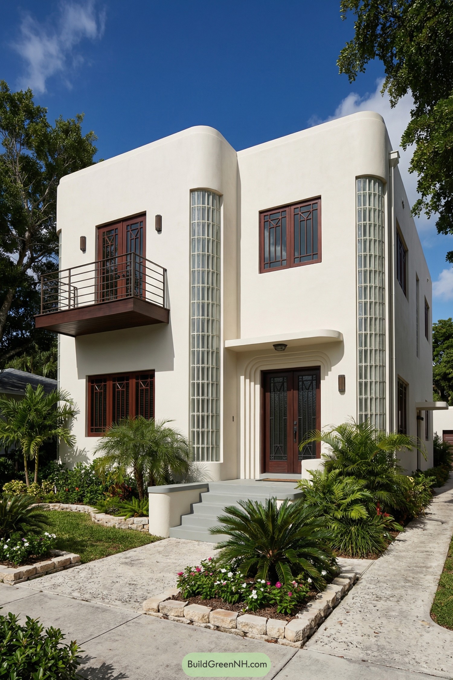 Two-story cream stucco art deco house with rounded glass-block towers, dark wood balcony, and lush tropical landscaping along the entry path