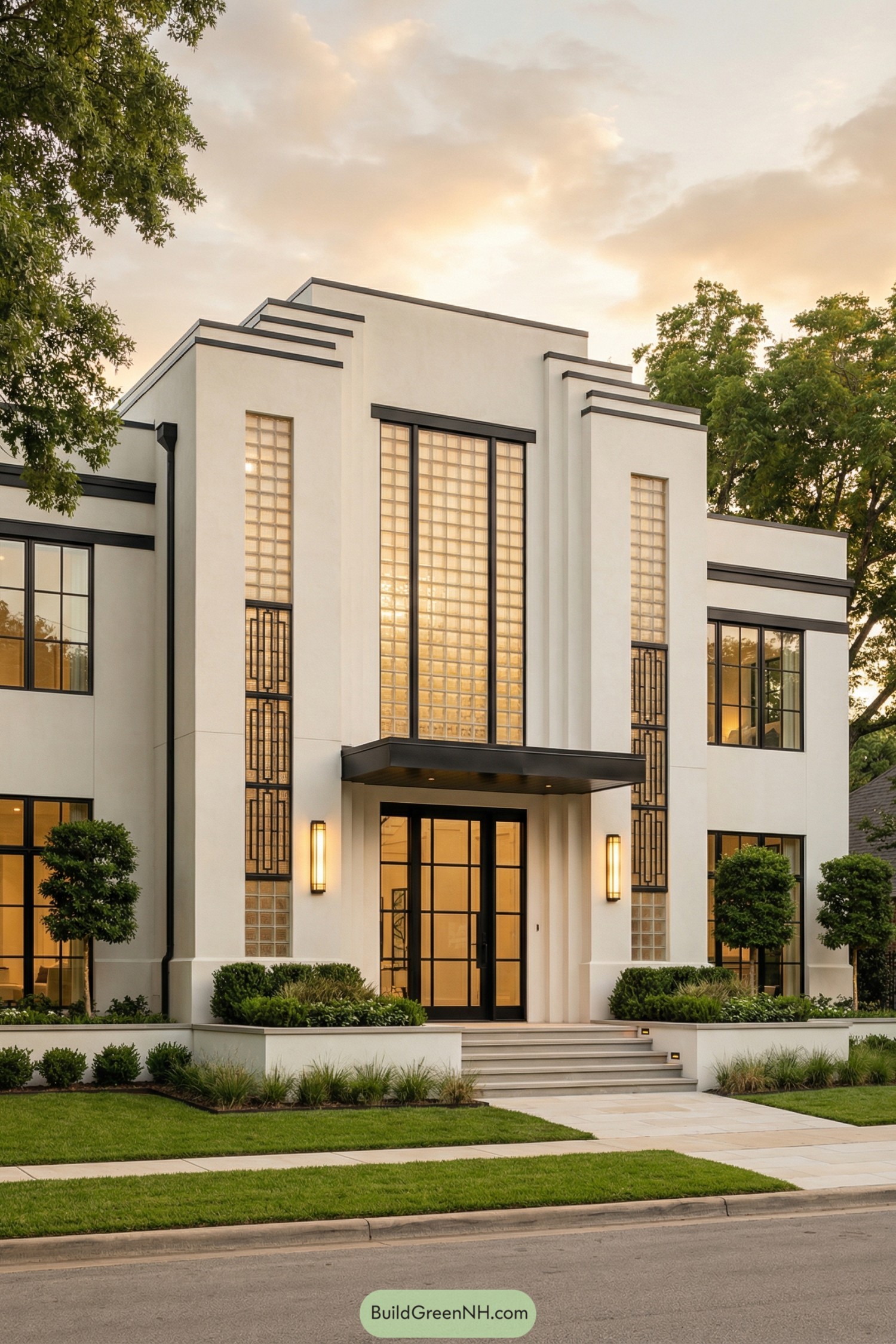 Modern white art deco house with tall glass block windows and black trim at sunset