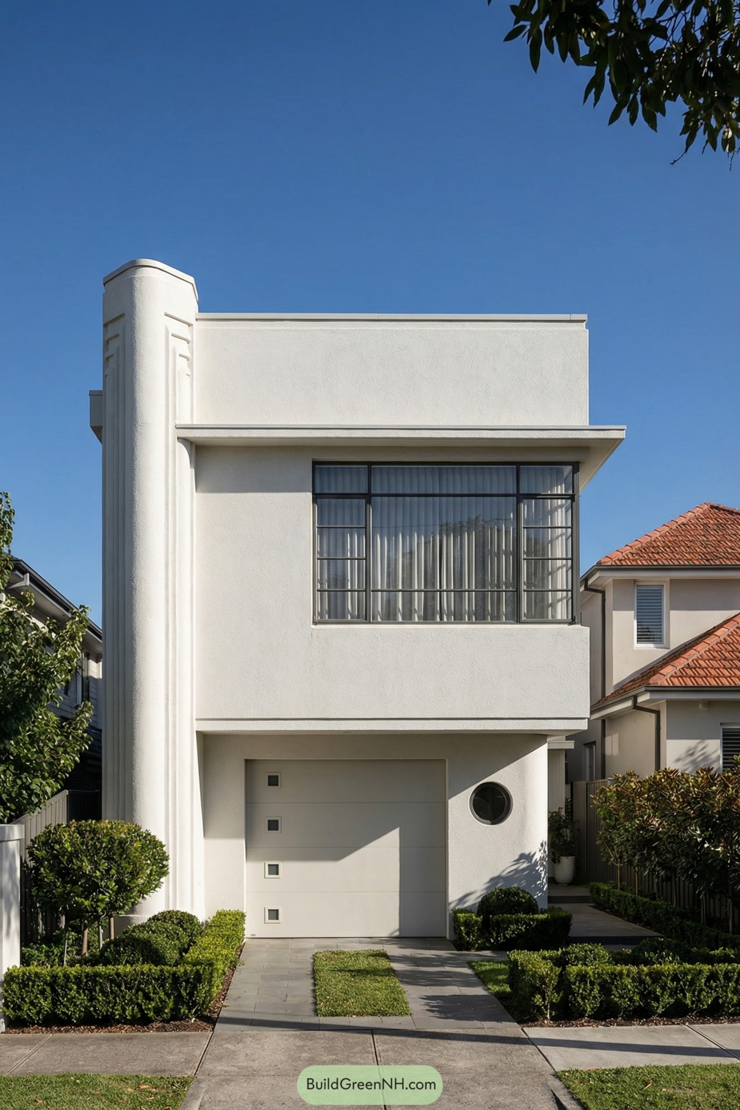 White two-story art deco house with vertical tower and large steel-framed window