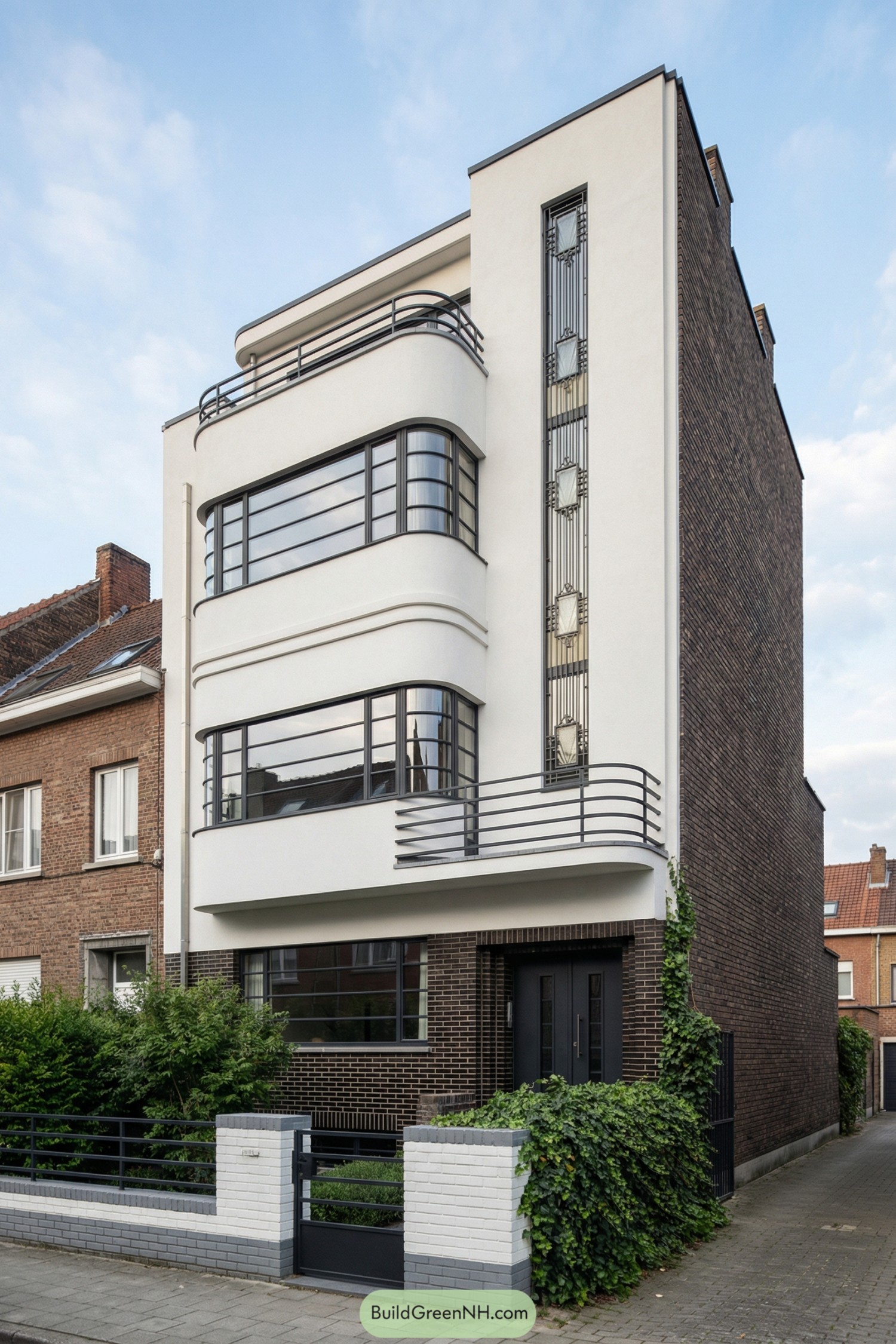 Narrow white and brick art deco townhouse with curved balconies and banded windows