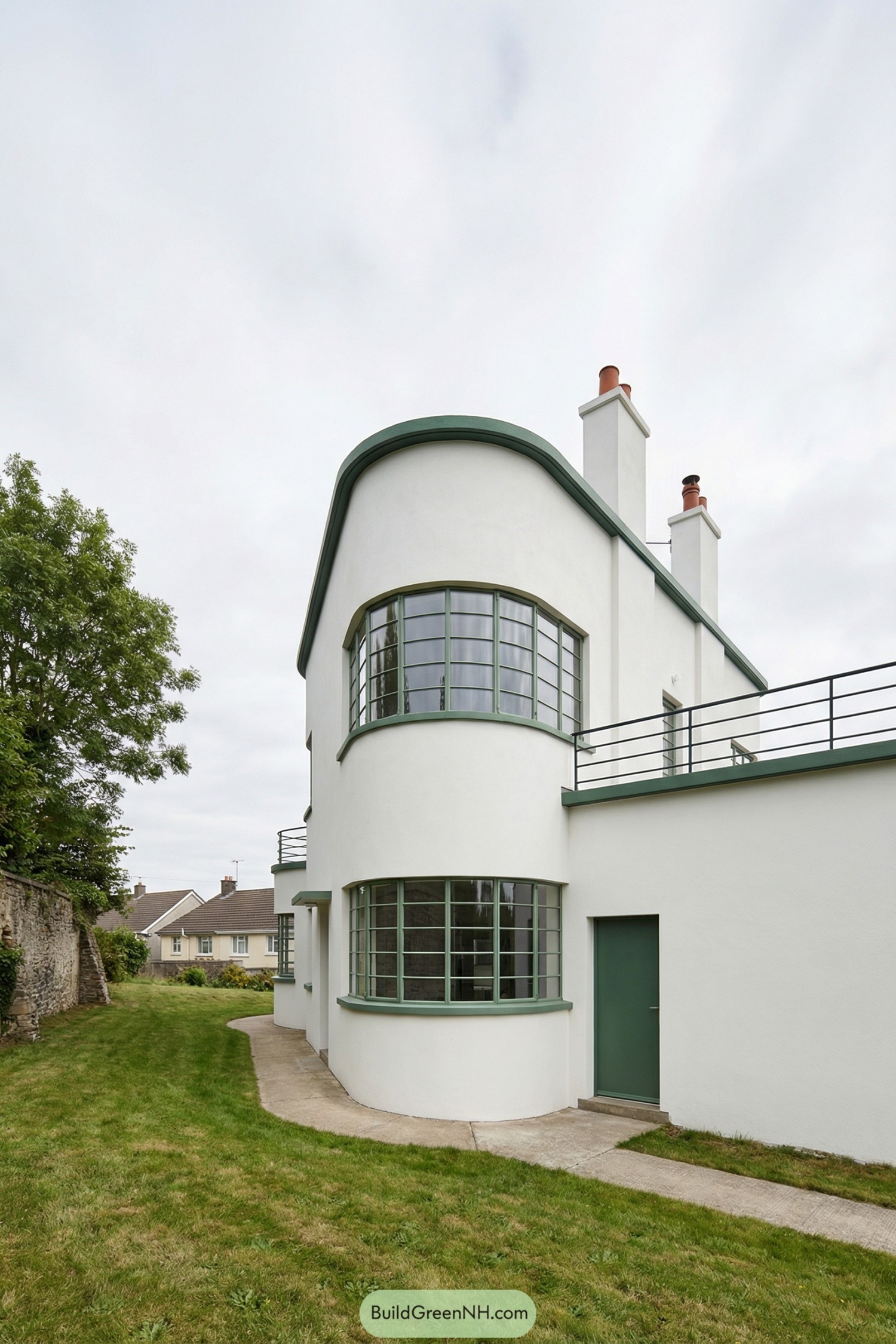 White stucco Art Deco house with curved green-framed ribbon windows and flat roof terraces