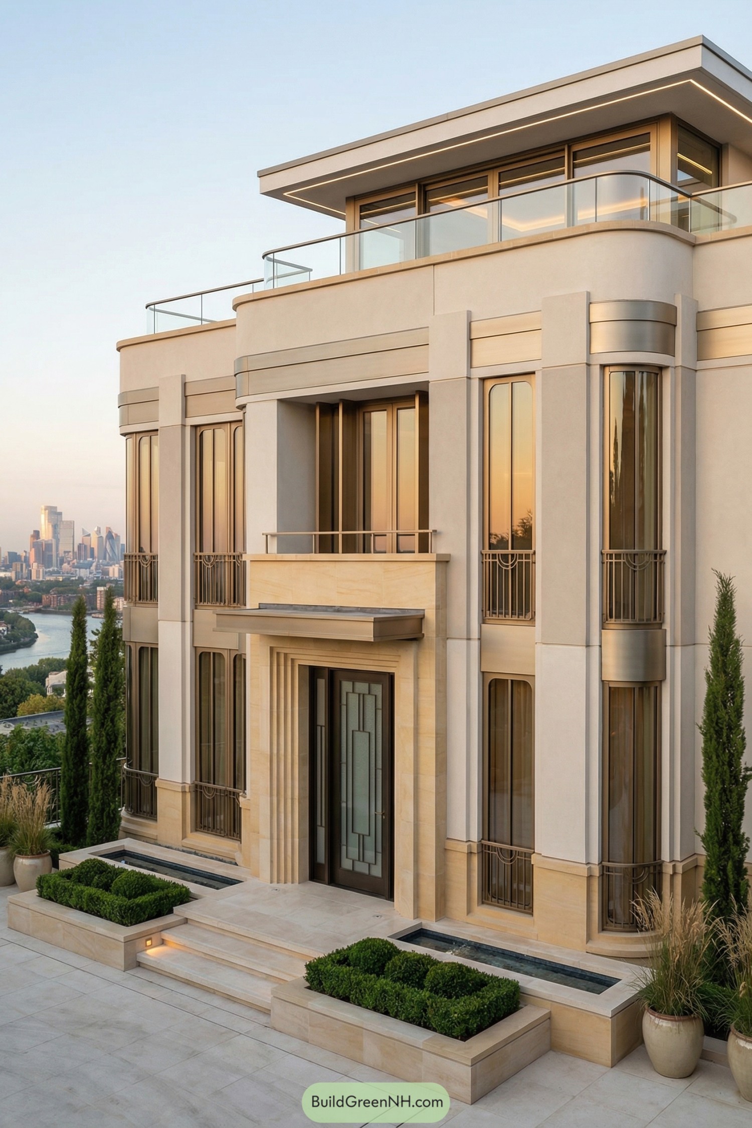 Modern art deco hillside mansion with tall windows, pale stone facade, and rooftop terrace at sunset
