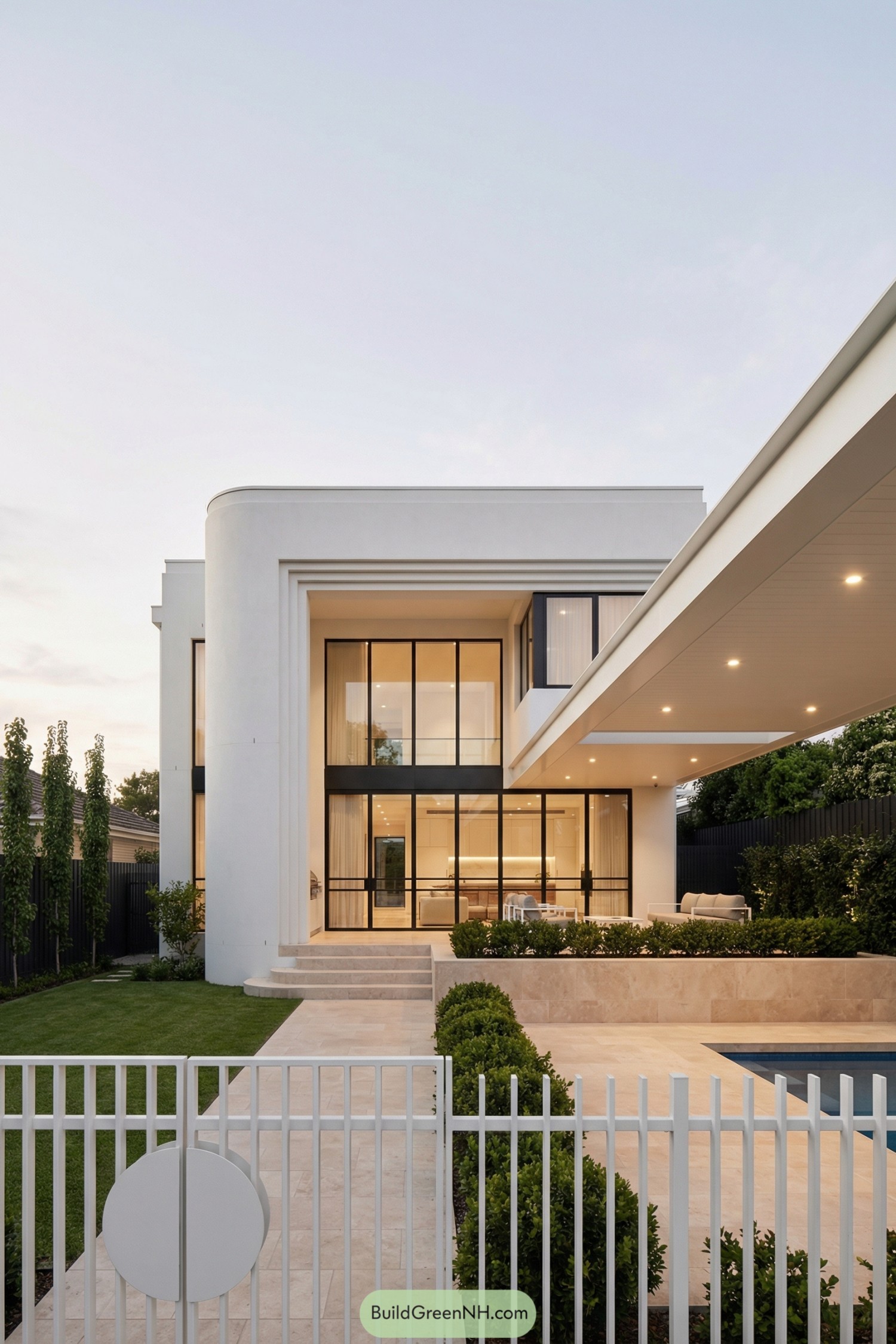 White modern art deco house with tall glass facade opening to patio and pool