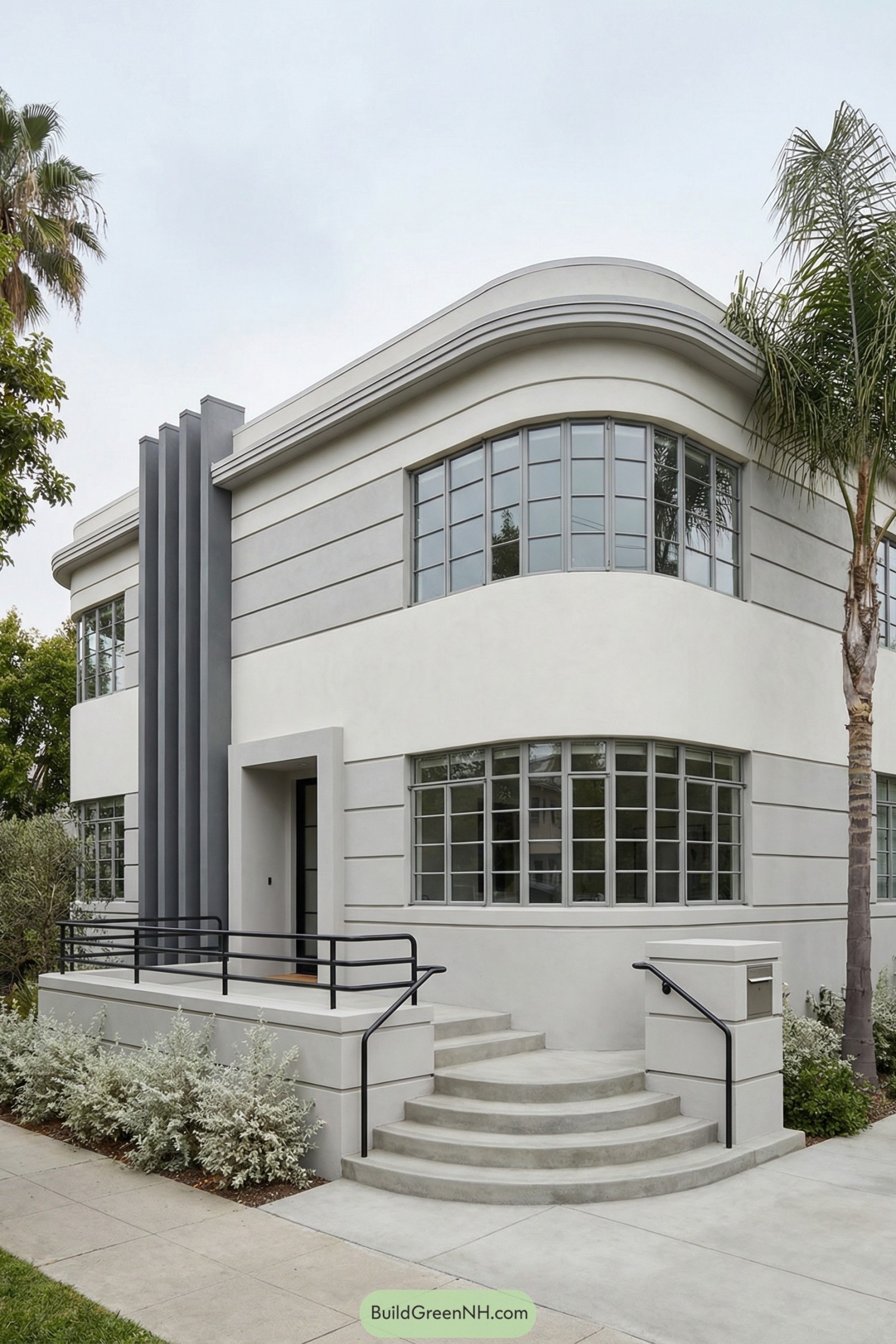 Two-story white streamline moderne house with curved banded facade and tall vertical fins by the entry