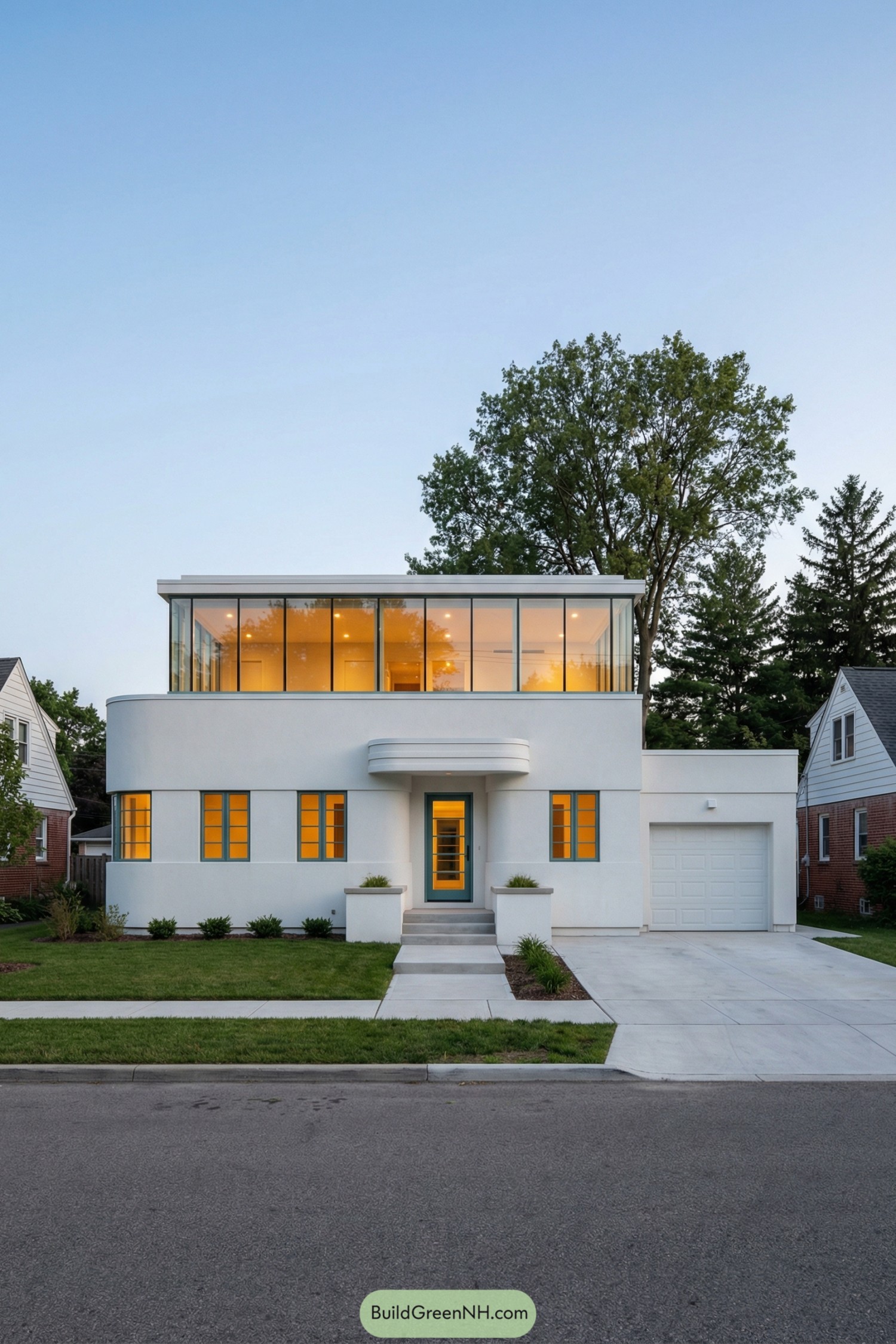 White modern art deco house with curved walls and upper glass level glowing at dusk