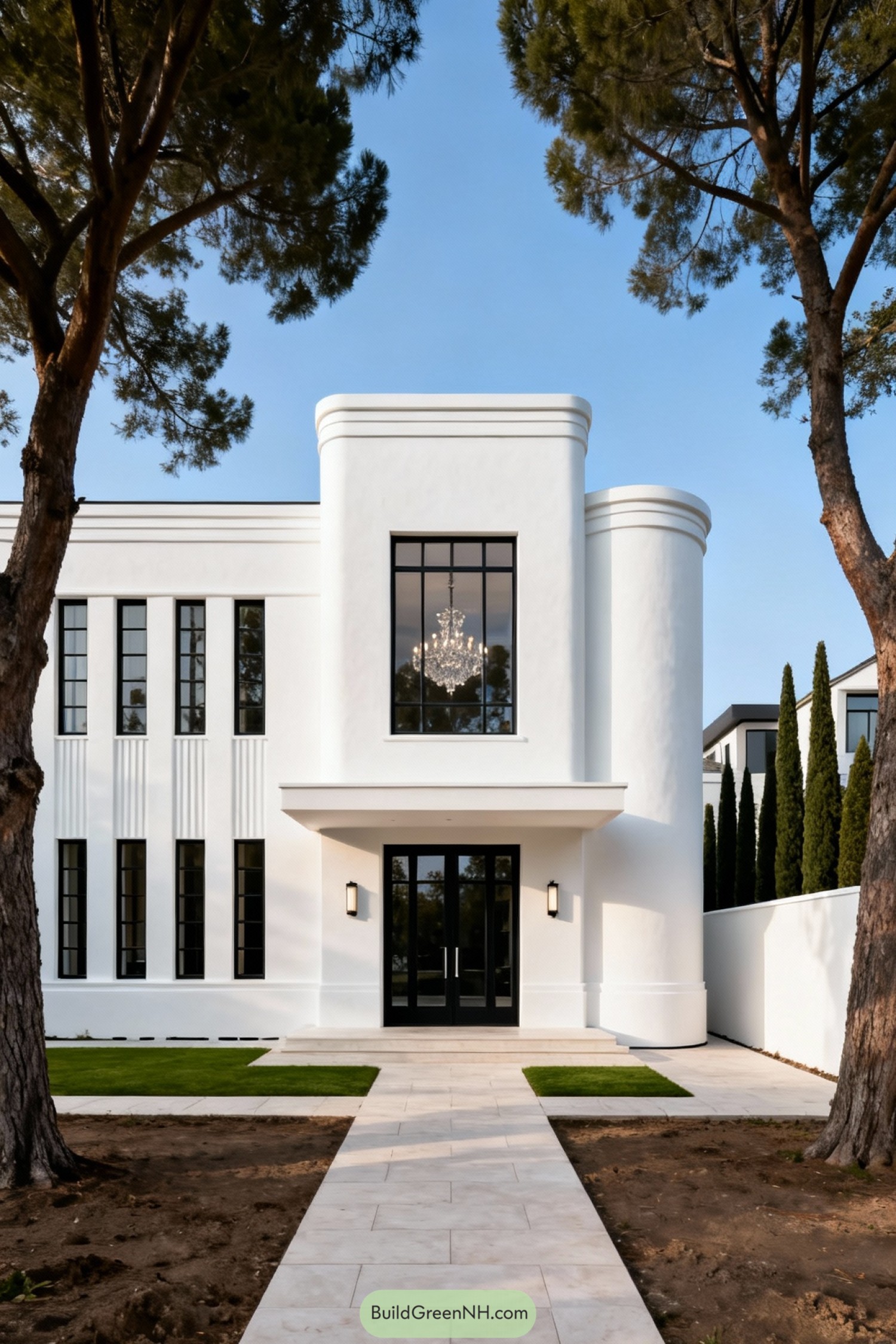 White modern art deco house with tall black-framed windows and rounded front tower