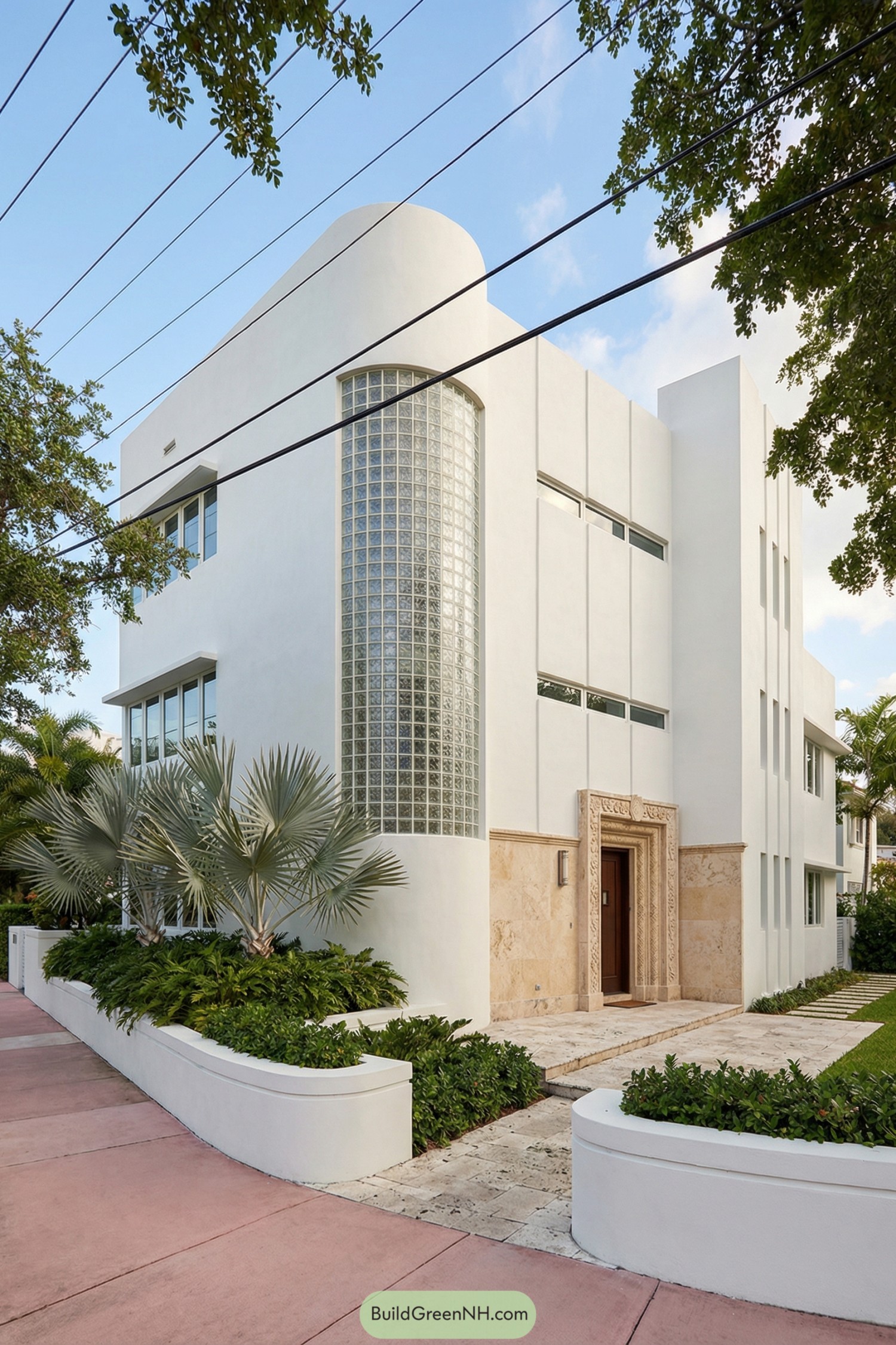 White art deco house with curved glass-block tower and lush landscaping