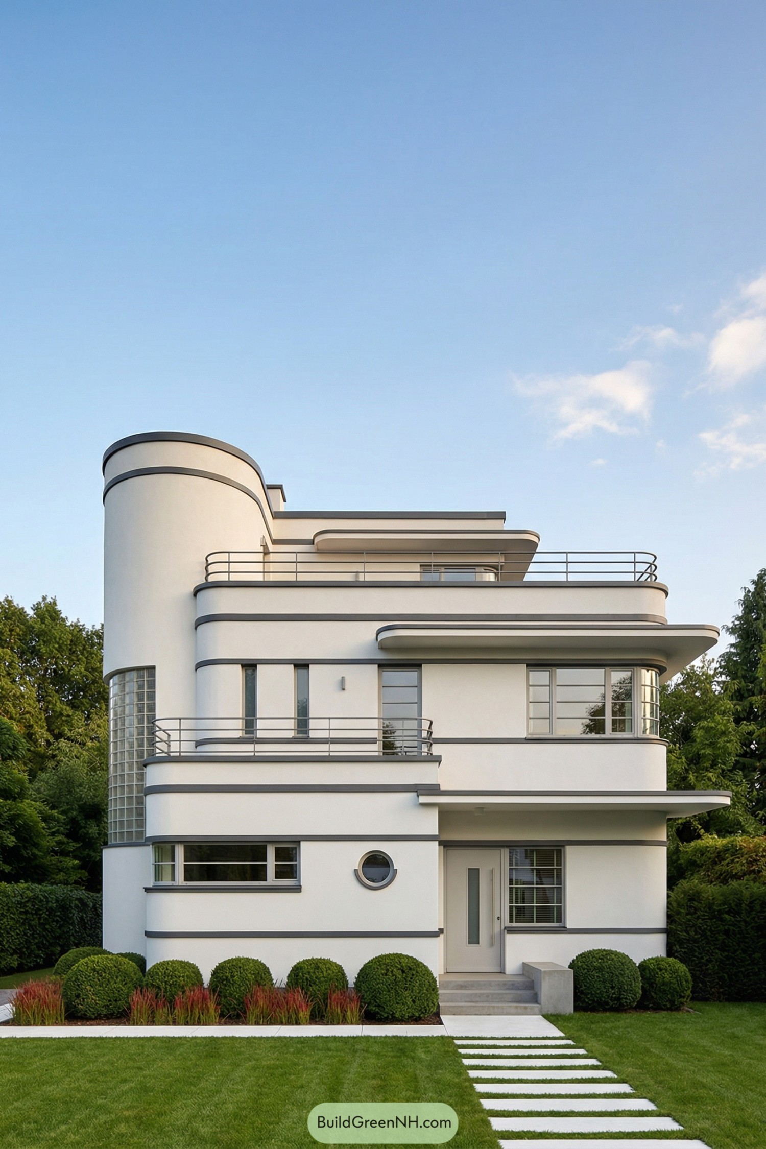 White modern art deco house with curved tower, layered terraces, and metal railings