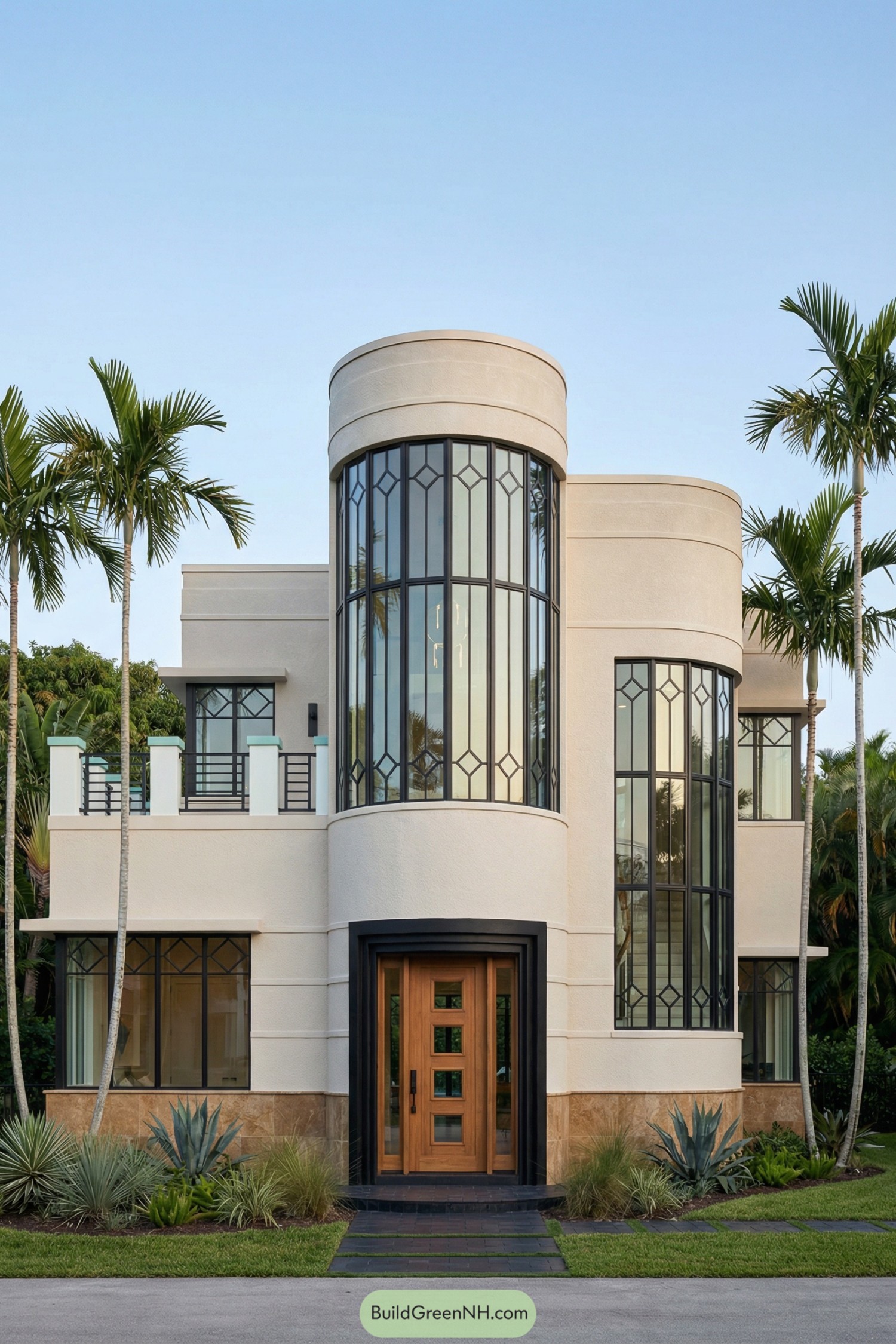 Cream art deco house with rounded glass towers and palm trees in front