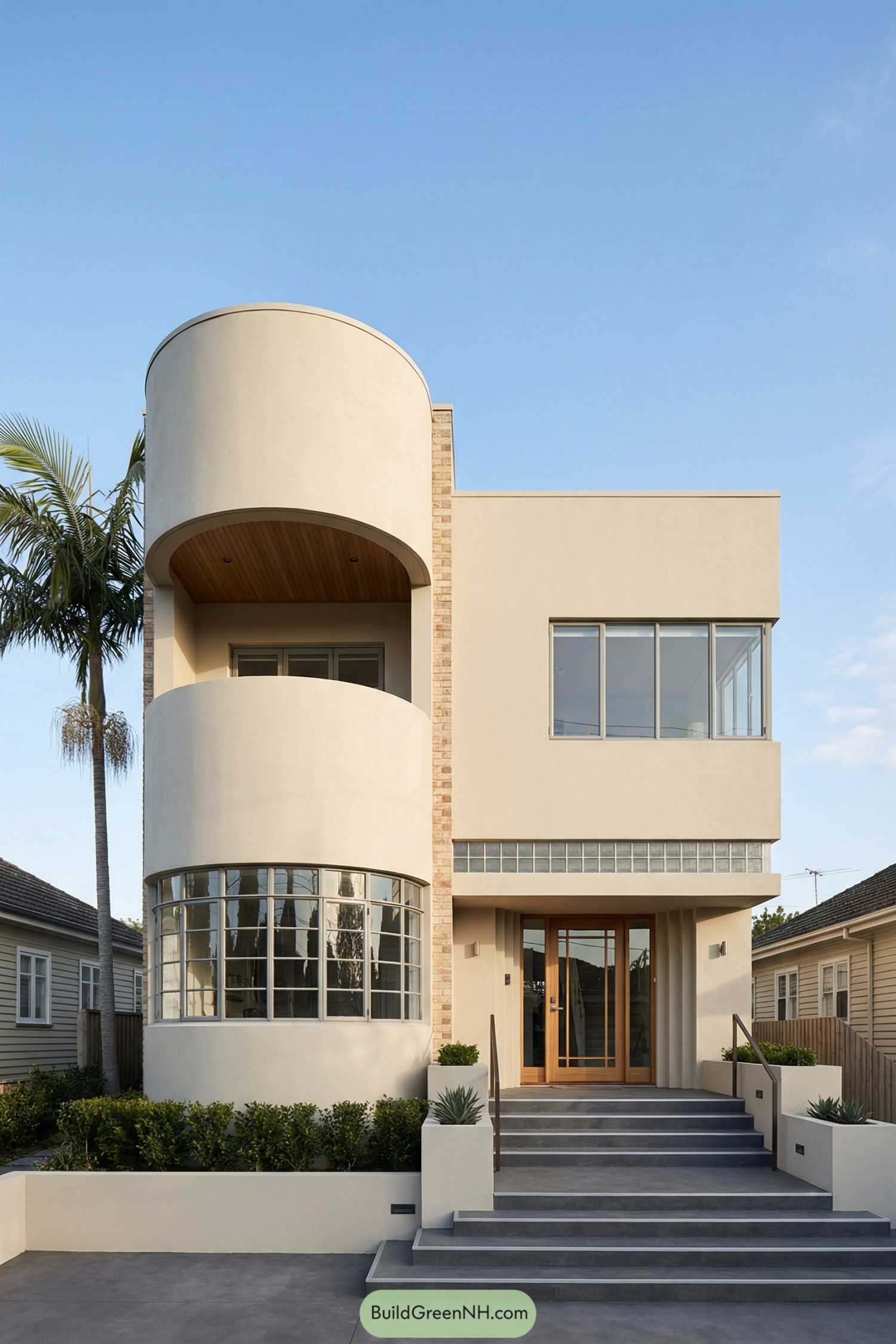 Two-story cream art deco house with rounded corner tower, large windows, and wide entry steps