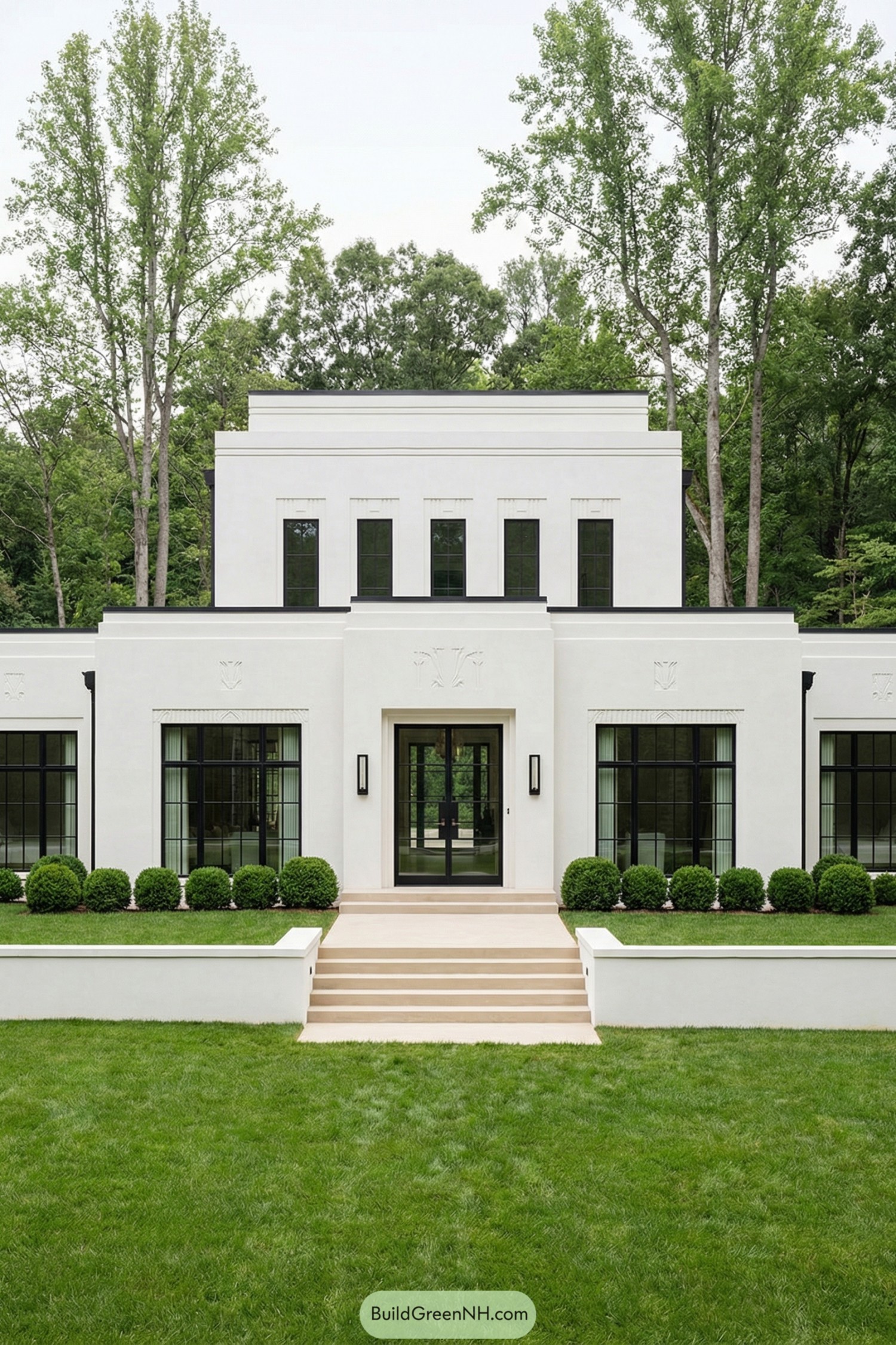 White tiered art deco house with tall black-framed windows facing a manicured lawn and trees