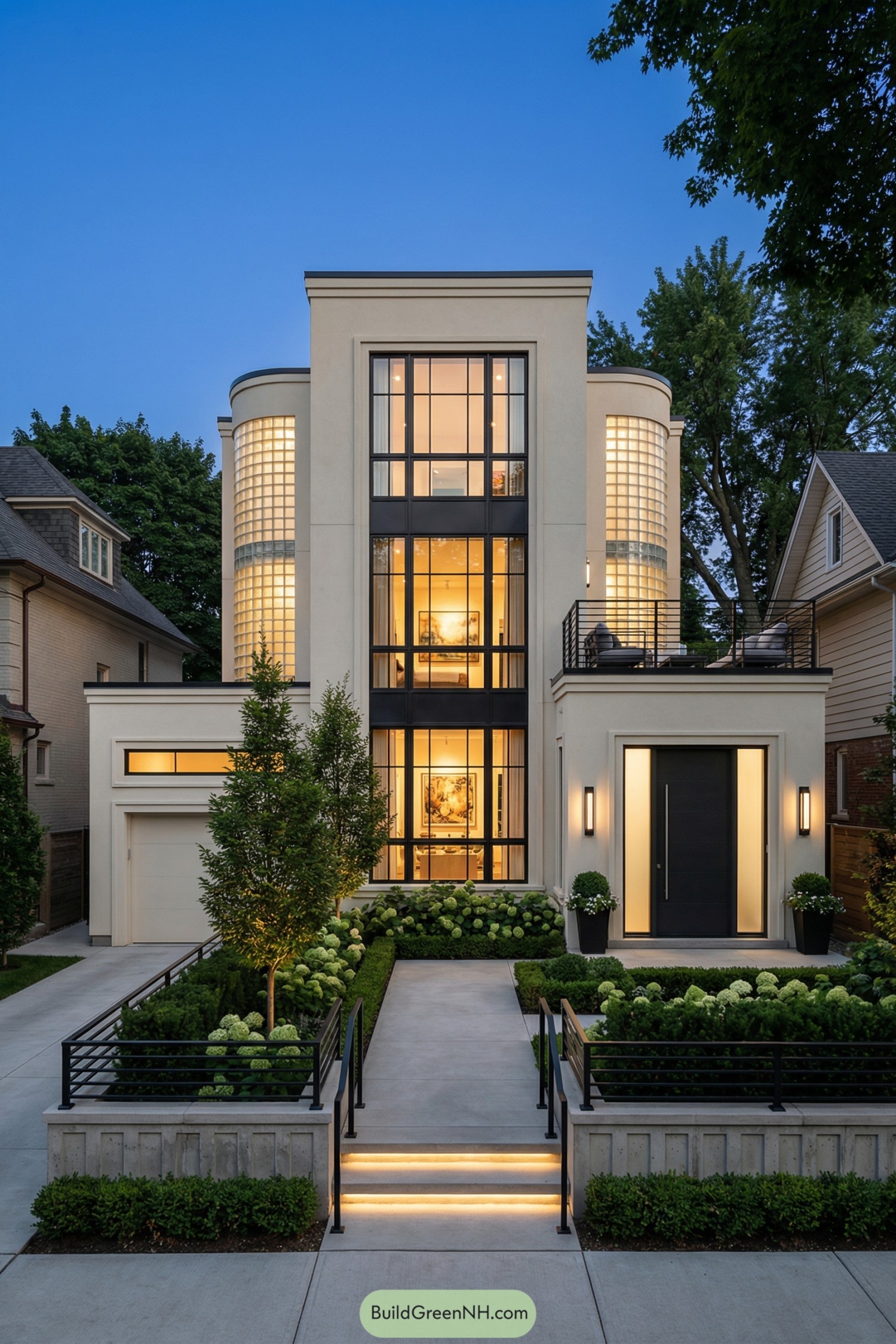 Tall modern art deco house with central glass façade, rounded glass-block corners, and landscaped front walk at dusk