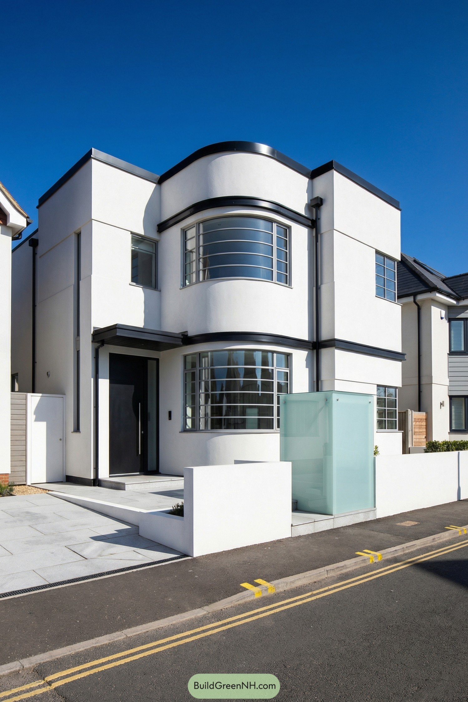 White two-story art deco house with curved metal-framed windows and minimalist front yard