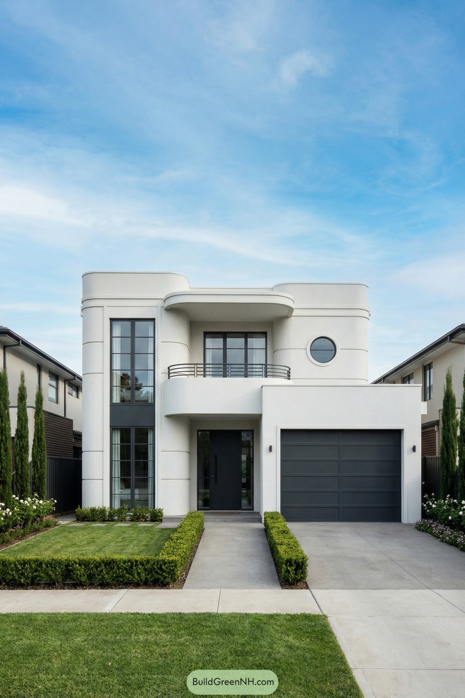 White art deco style house with curved facade, tall windows, and a dark garage door