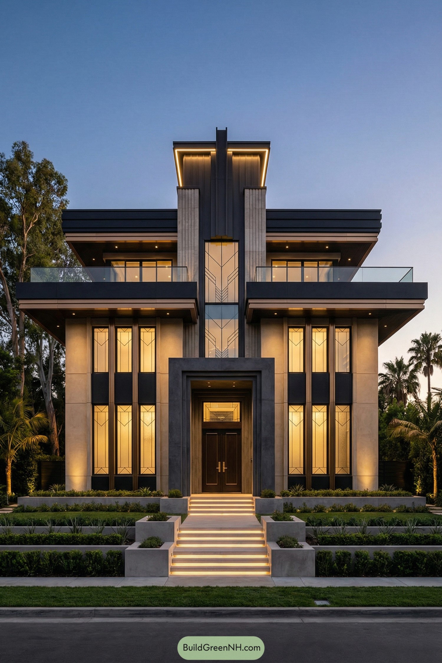 Tall modern art deco house glowing at dusk