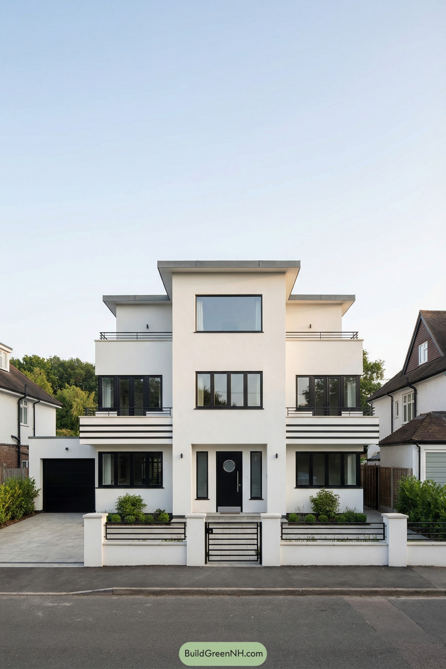 White three-story art deco house with black trim and striped balconies