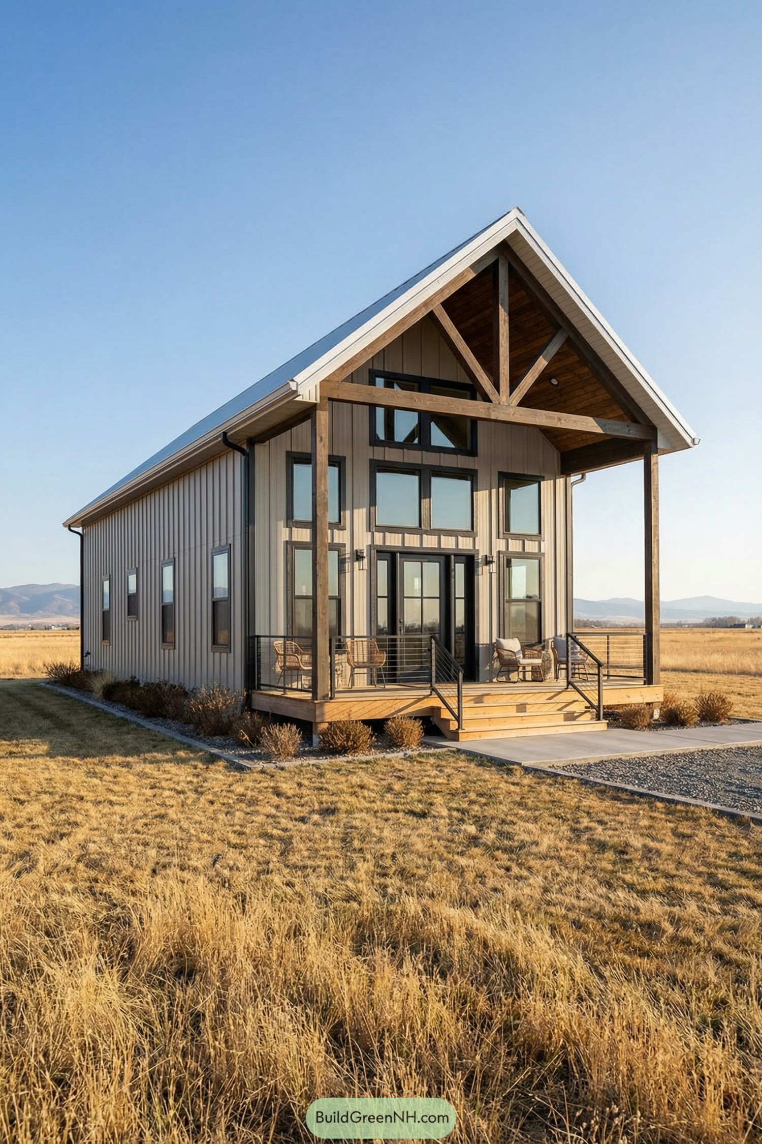 Modern barndominium with tall glass front and rustic siding in an open field
