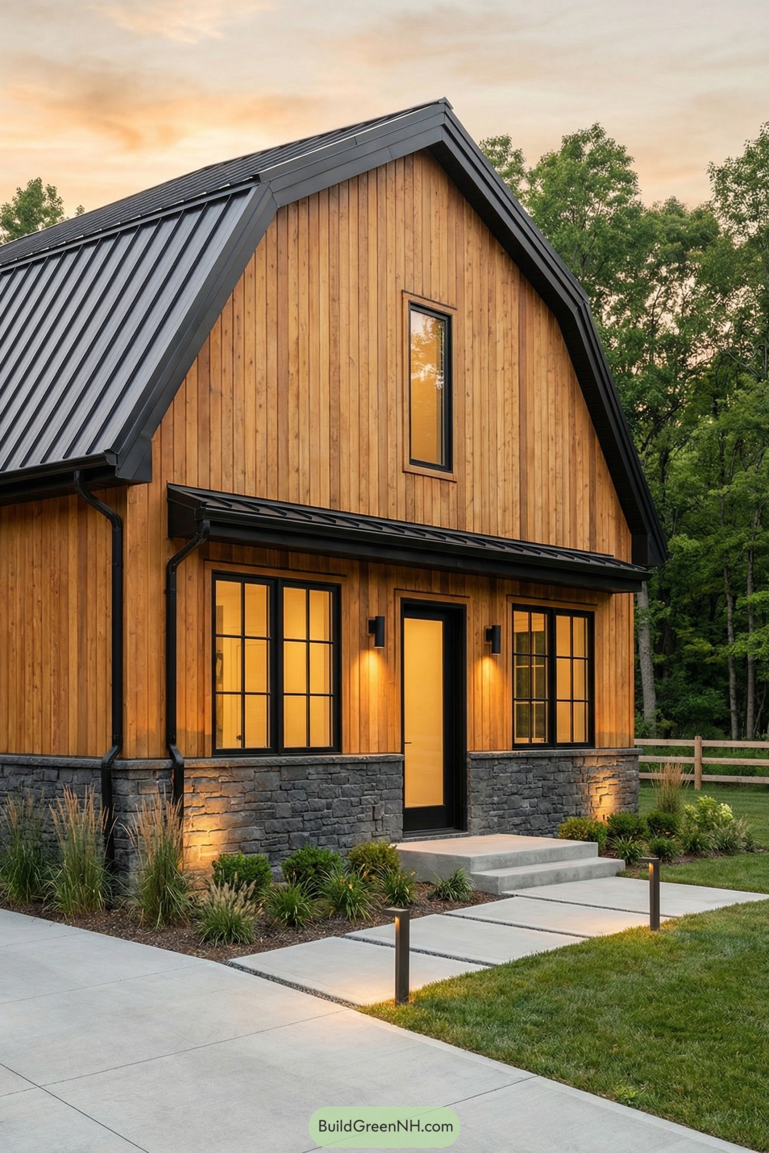 Modern barndominium with cedar siding and stone base at sunset