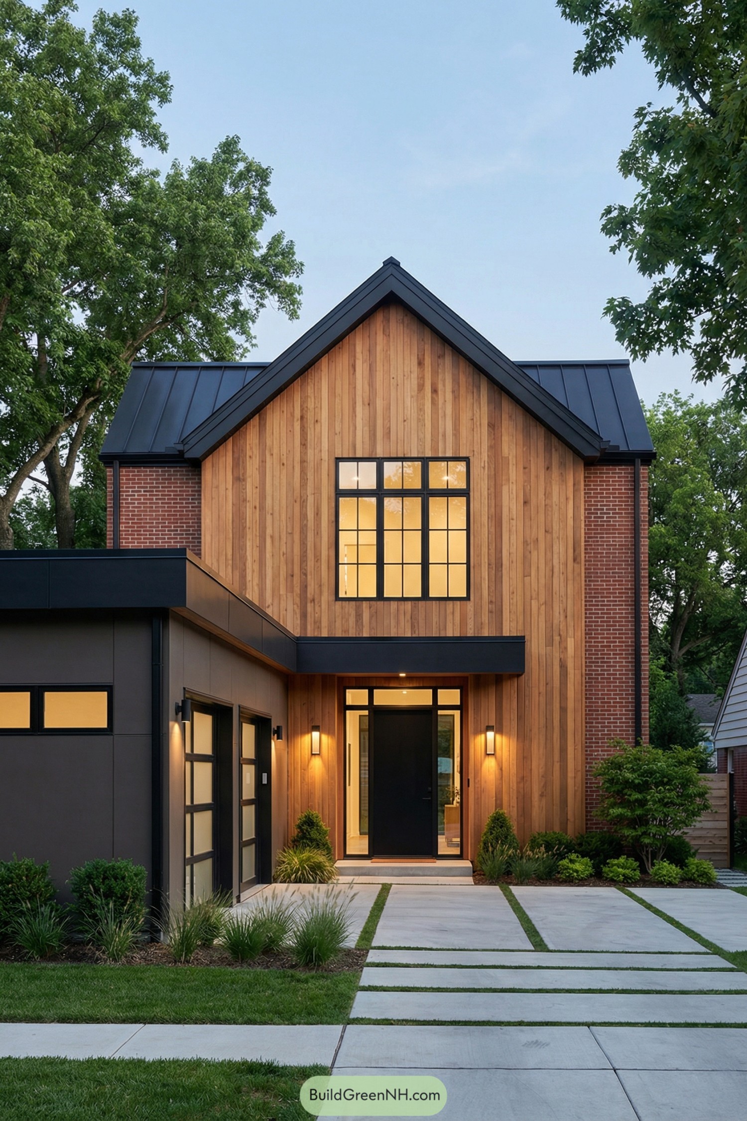 high-res photo of modern barndominium with rustic siding, contemporary farmhouse facade with a tall front-facing gable and attached side wing, warm natural cedar vertical siding combined with red brick masonry on the main volume and smooth dark cladding on the side wing, narrow rectangular overall shape with a steep gabled front mass and a lower flat-fronted garage volume, materials include vertical cedar boards, red brick, black metal trim, dark framed glazing, and smooth concrete paving, dark standing-seam metal roof with a steep gable over the main volume and a low-slope roof over the side wing, large two-story black-framed grid window centered in the gable with warm interior glow, additional horizontal black-framed windows on the side wing integrated into dark garage doors with translucent upper panels, black full-height front door with large glass insert and sidelights, minimalist wall-mounted cylindrical sconces flanking the entrance casting warm light onto the brick, concrete pathway and driveway with clean rectangular slabs separated by strips of lush green grass leading to the entry and garage, small structured planting beds with low grasses, shrubs and compact greenery along the facade, mature leafy trees framing the house and a soft blue evening sky in the background, calm suburban setting with manicured lawn and subtle ambient lighting, real-life photo, high-resolution, architectural photography, soft lighting, cinematic composition.