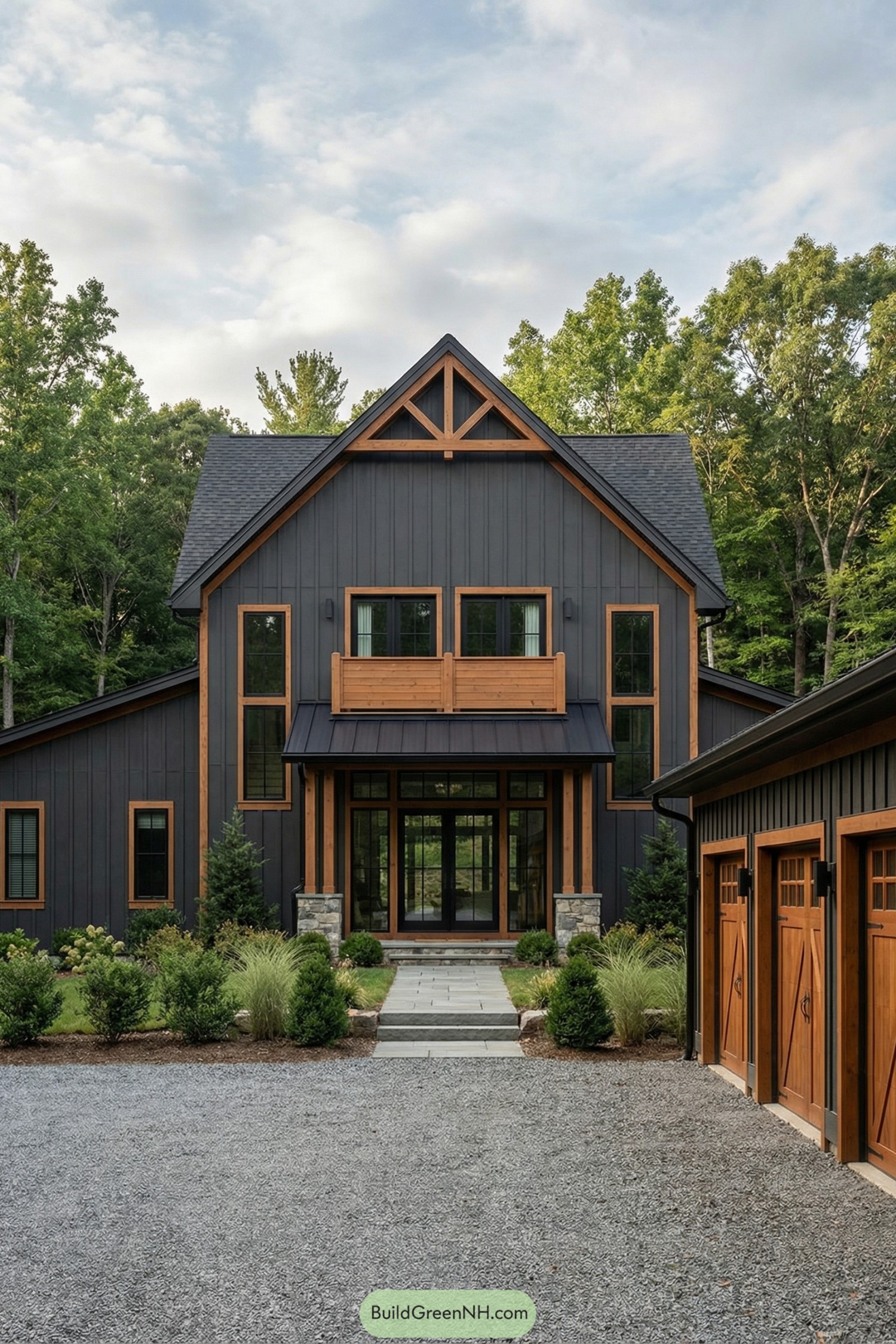 Dark board and batten barndo with warm wood accents and front balcony