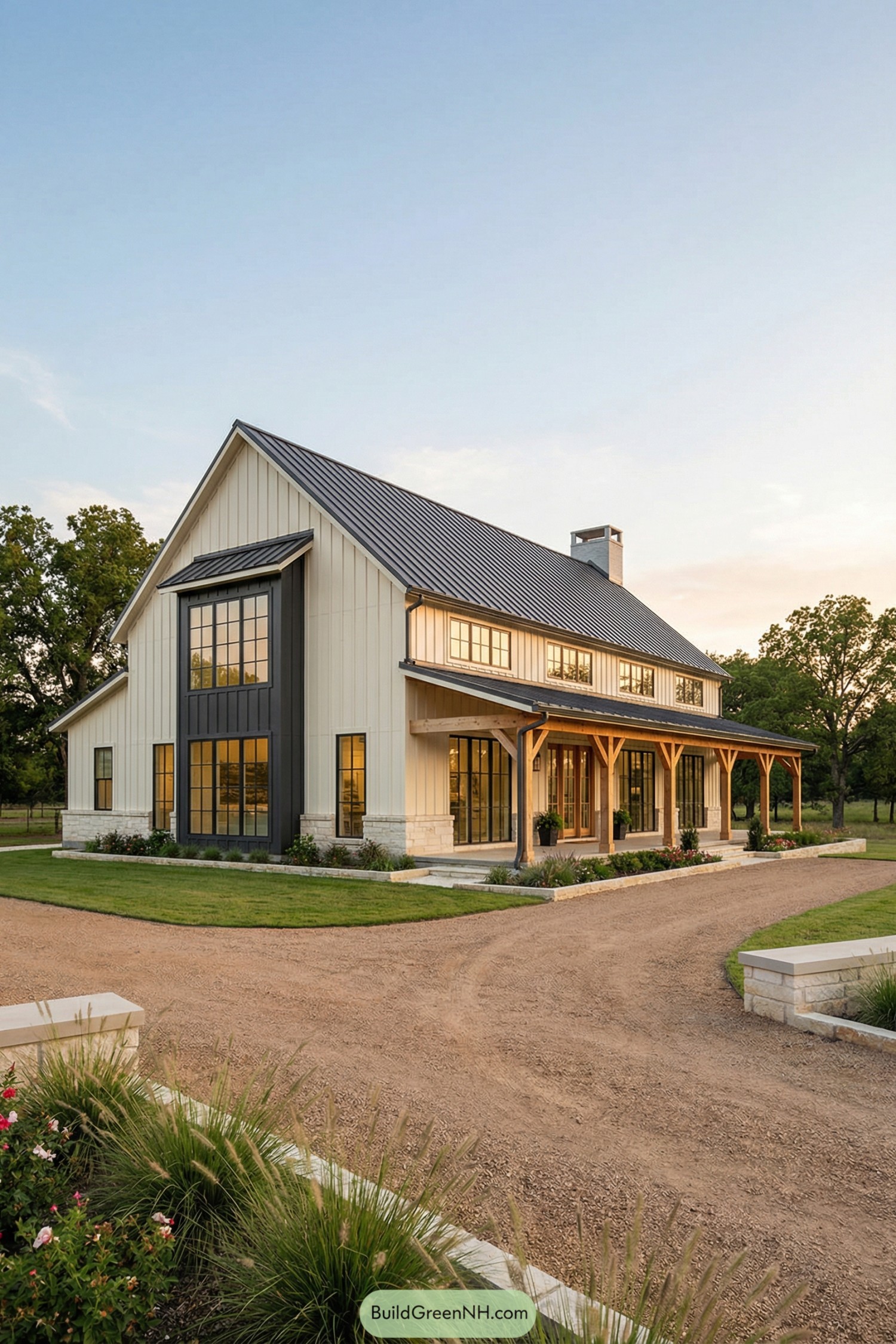 Cream barndominium with dark metal roof and wraparound porch at dusk