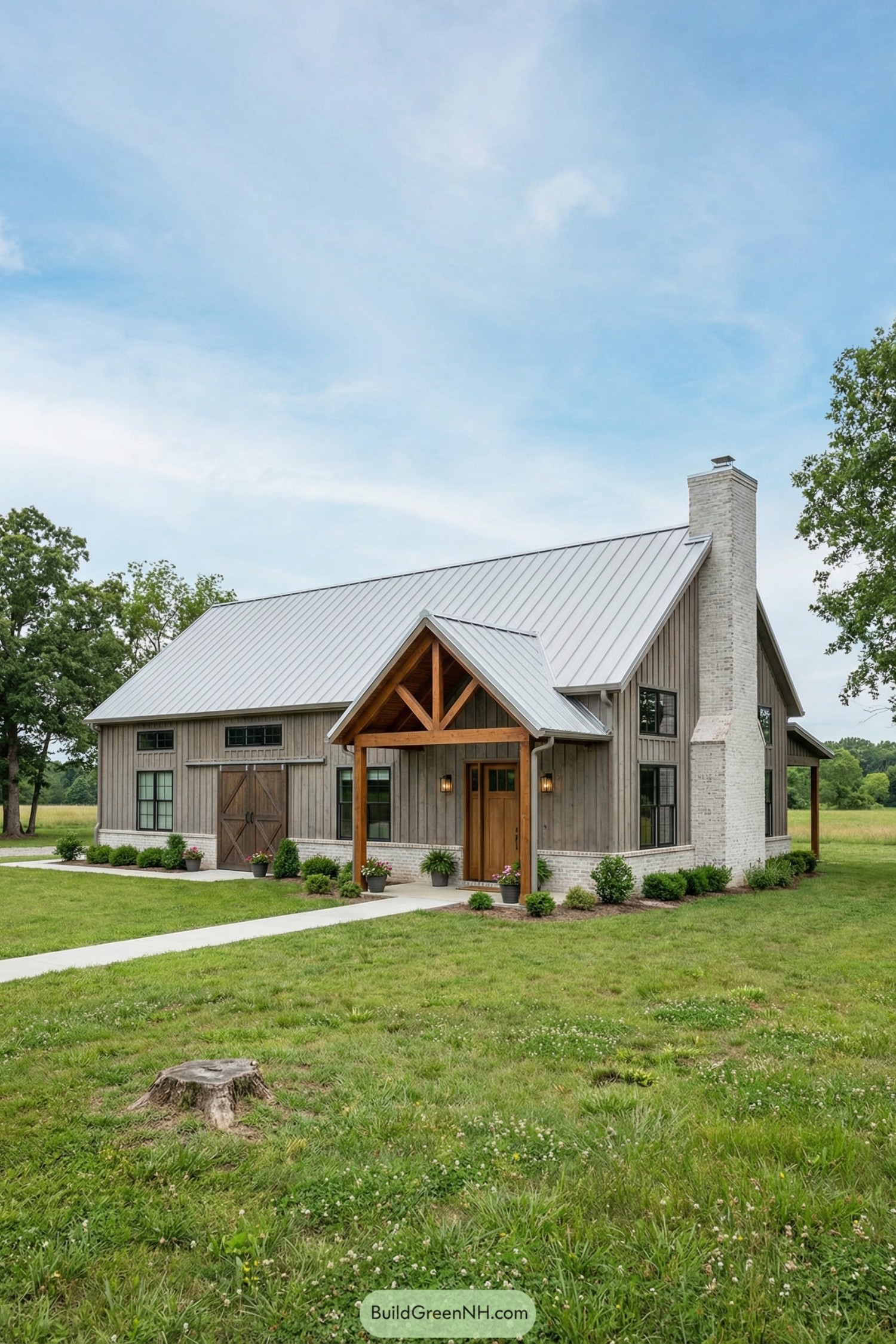 Modern barndominium with gray siding and metal roof set in an open grassy field