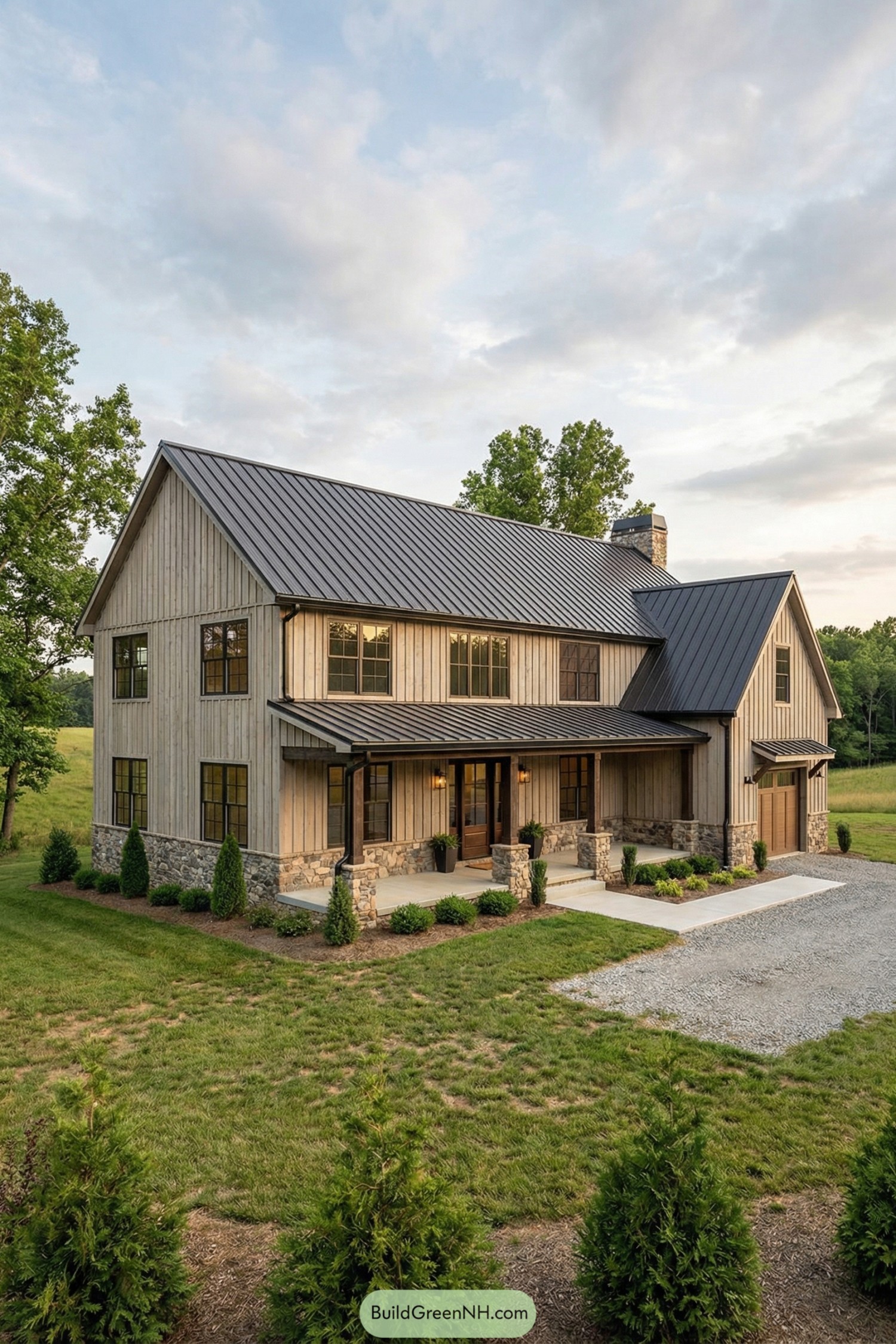 Two-story barndominium with vertical wood siding, dark metal roof, and stone accents on a landscaped rural lot