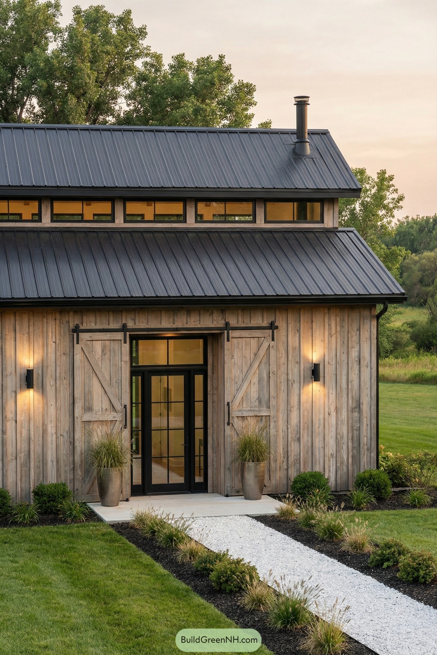 Modern barndominium with rustic wood siding and dark metal roof framed by a gravel path and plantings
