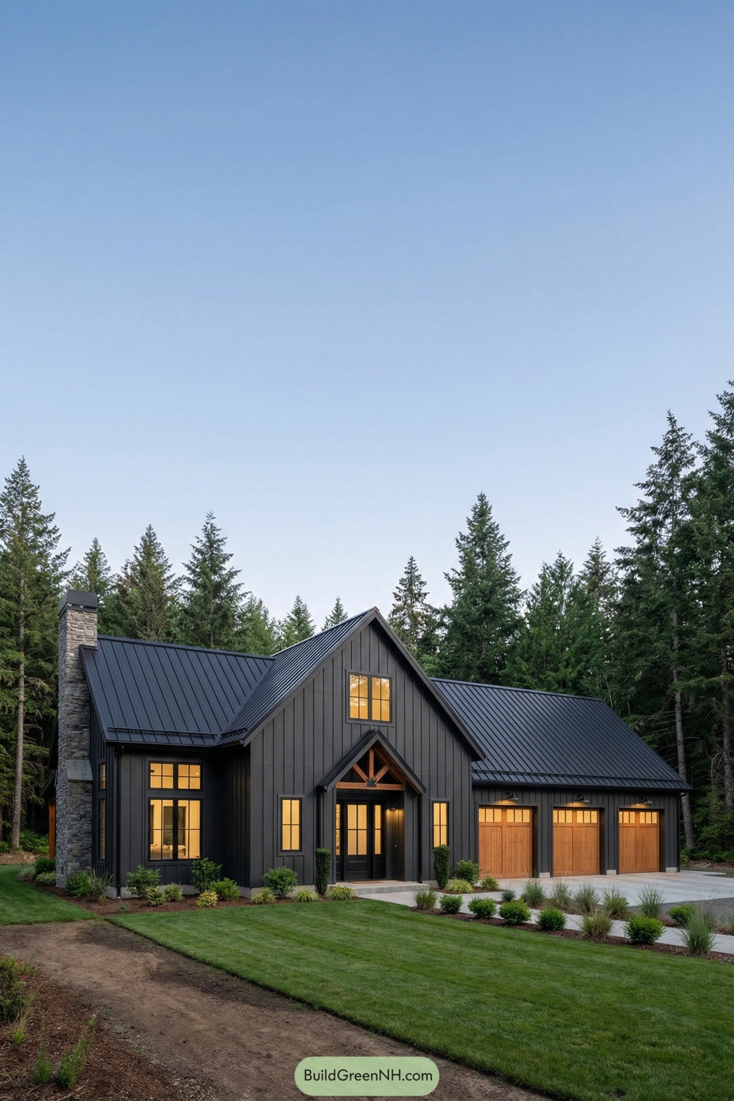 Dark charcoal barndominium with wood doors and forest backdrop