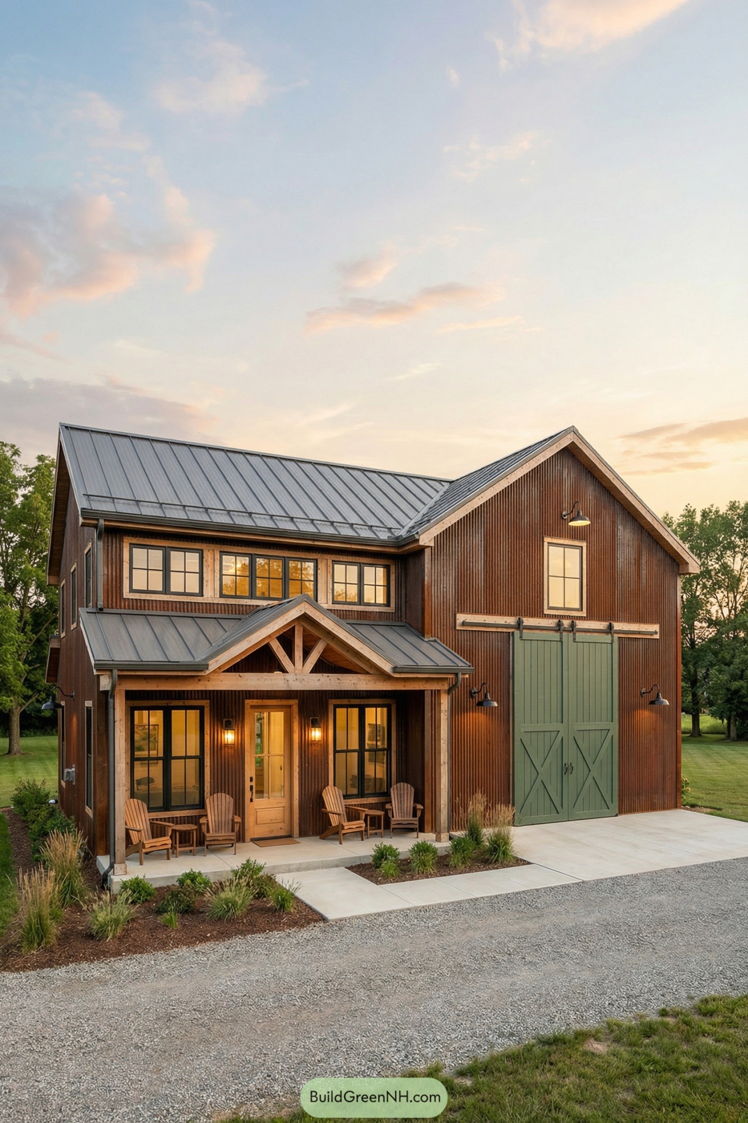 Two-story barndominium with corrugated metal siding, green sliding barn doors, and a welcoming front porch at sunset