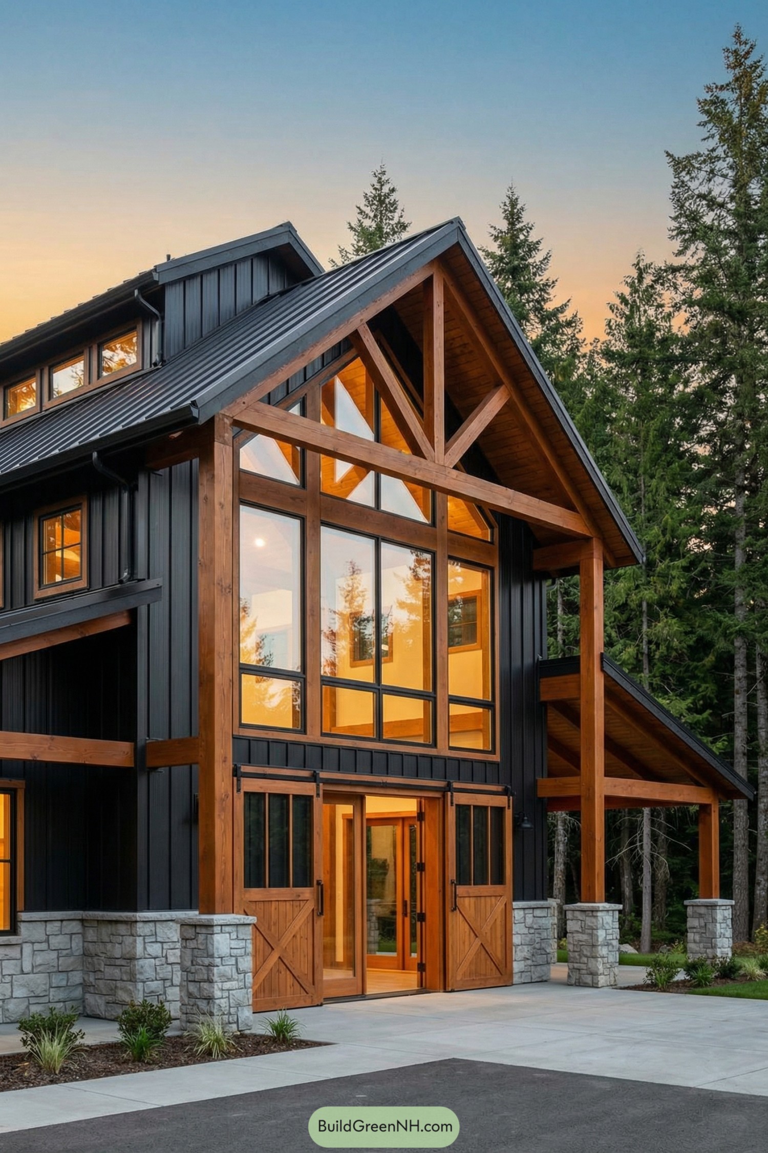 Two-story black barndominium with tall timber framing and expansive front windows