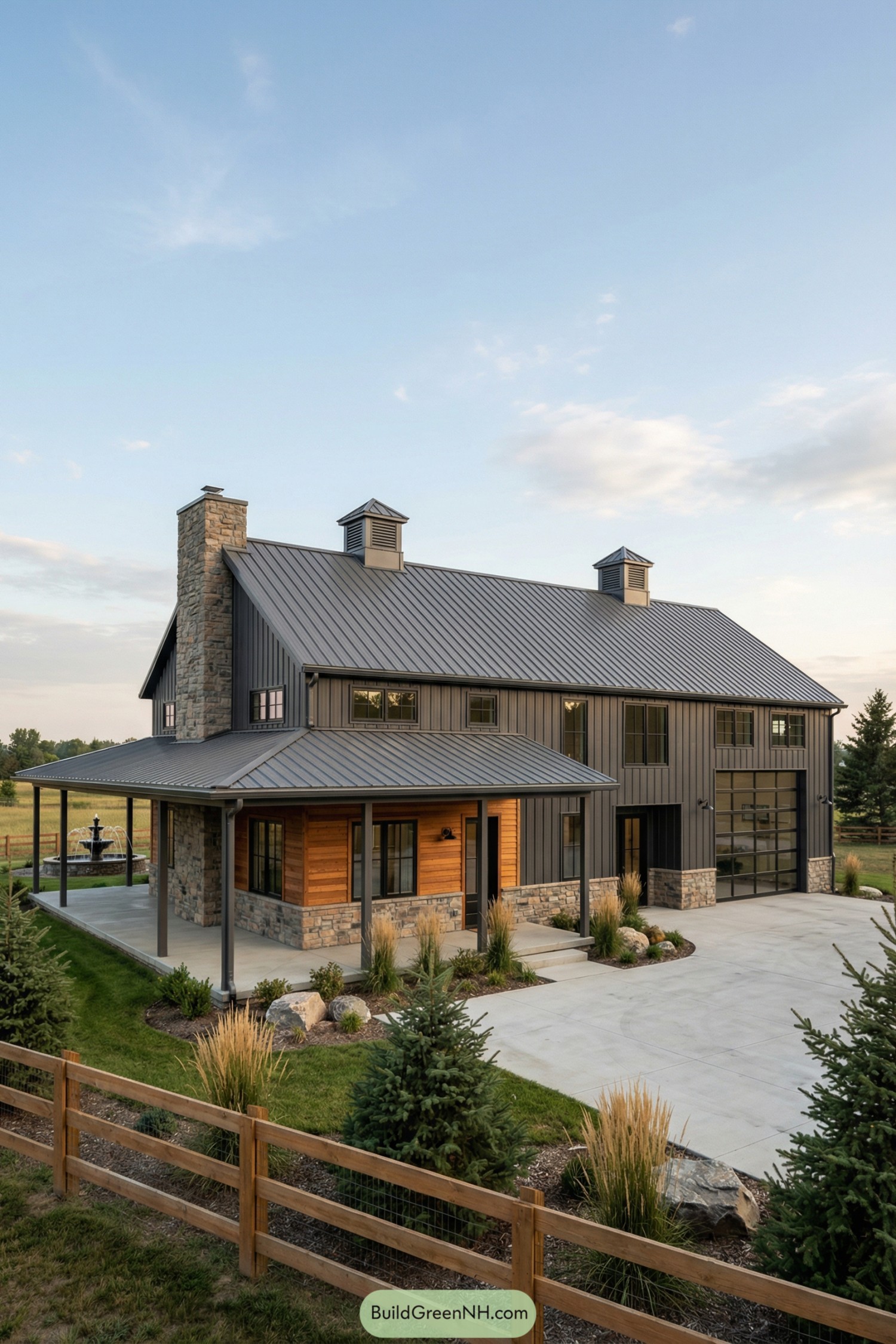 Dark metal barndominium with wood and stone accents