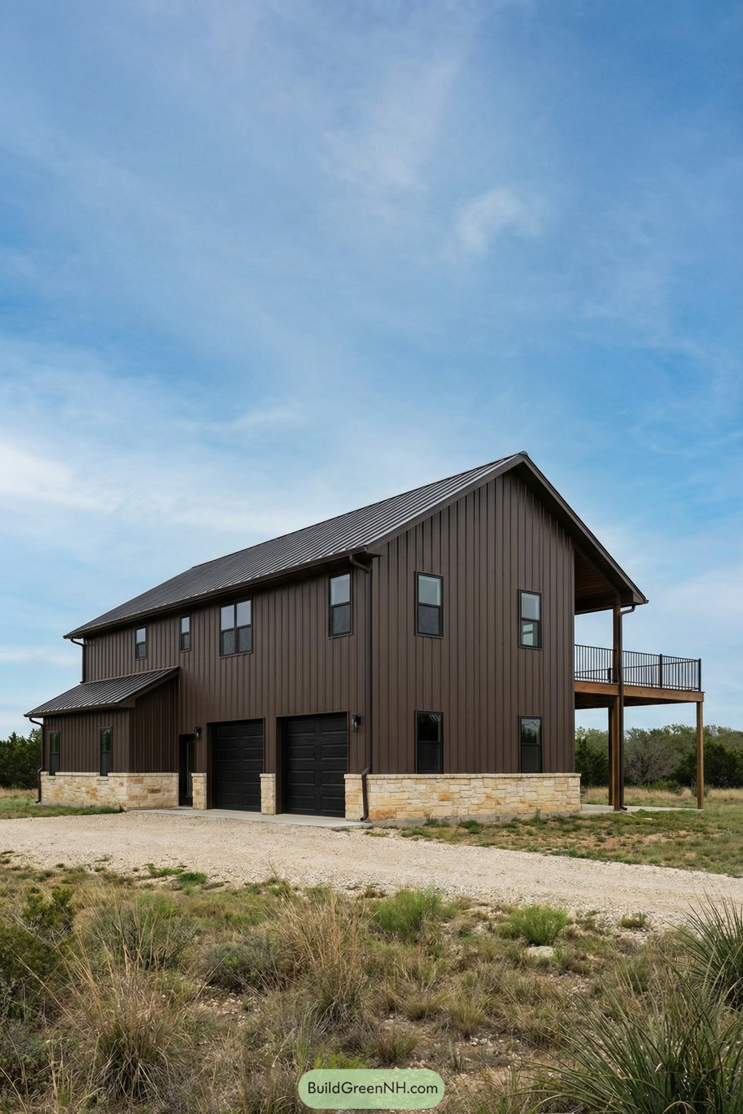 Two-story brown metal barndominium with stone base and elevated side deck