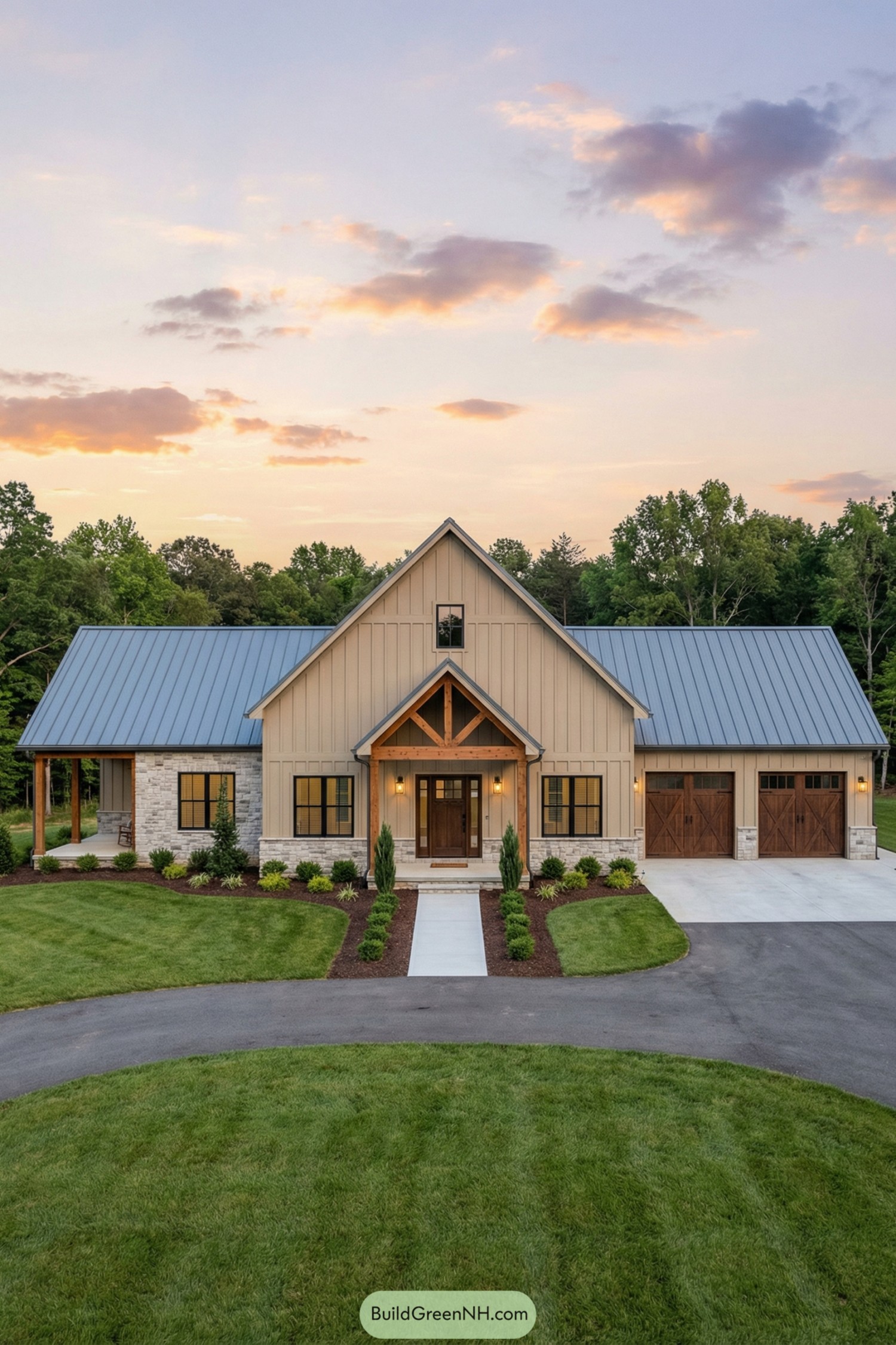 Modern barndominium with metal roof, stone base, and warm wood accents at sunset
