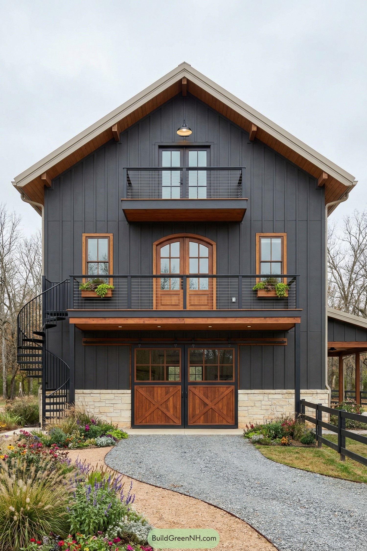 Modern barndominium with dark siding and warm wood accents