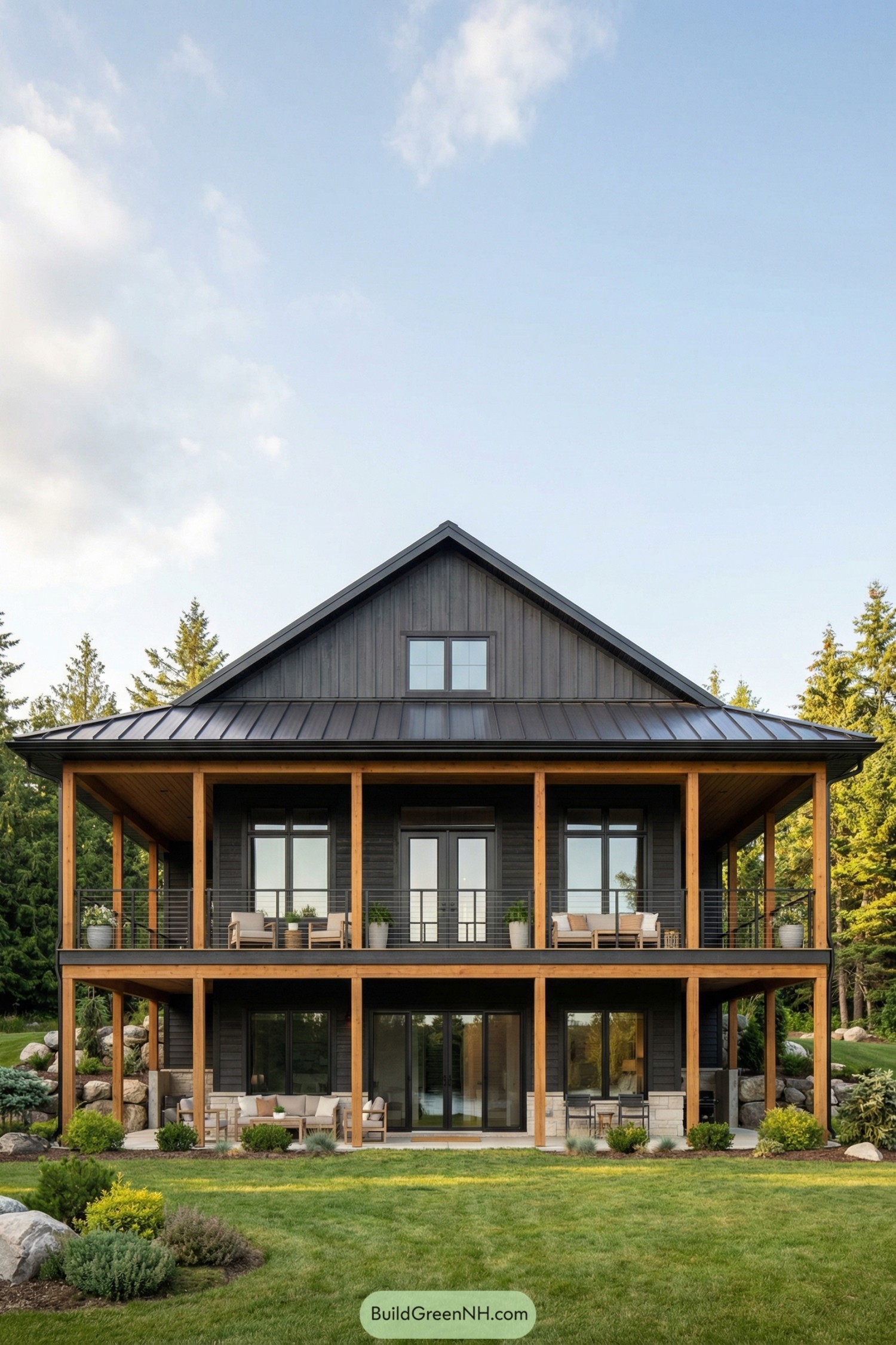 Two-story dark barndominium with wood posts and wraparound porches facing a landscaped lawn. Symmetrical windows and sliding doors under a metal gable roof surrounded by evergreens