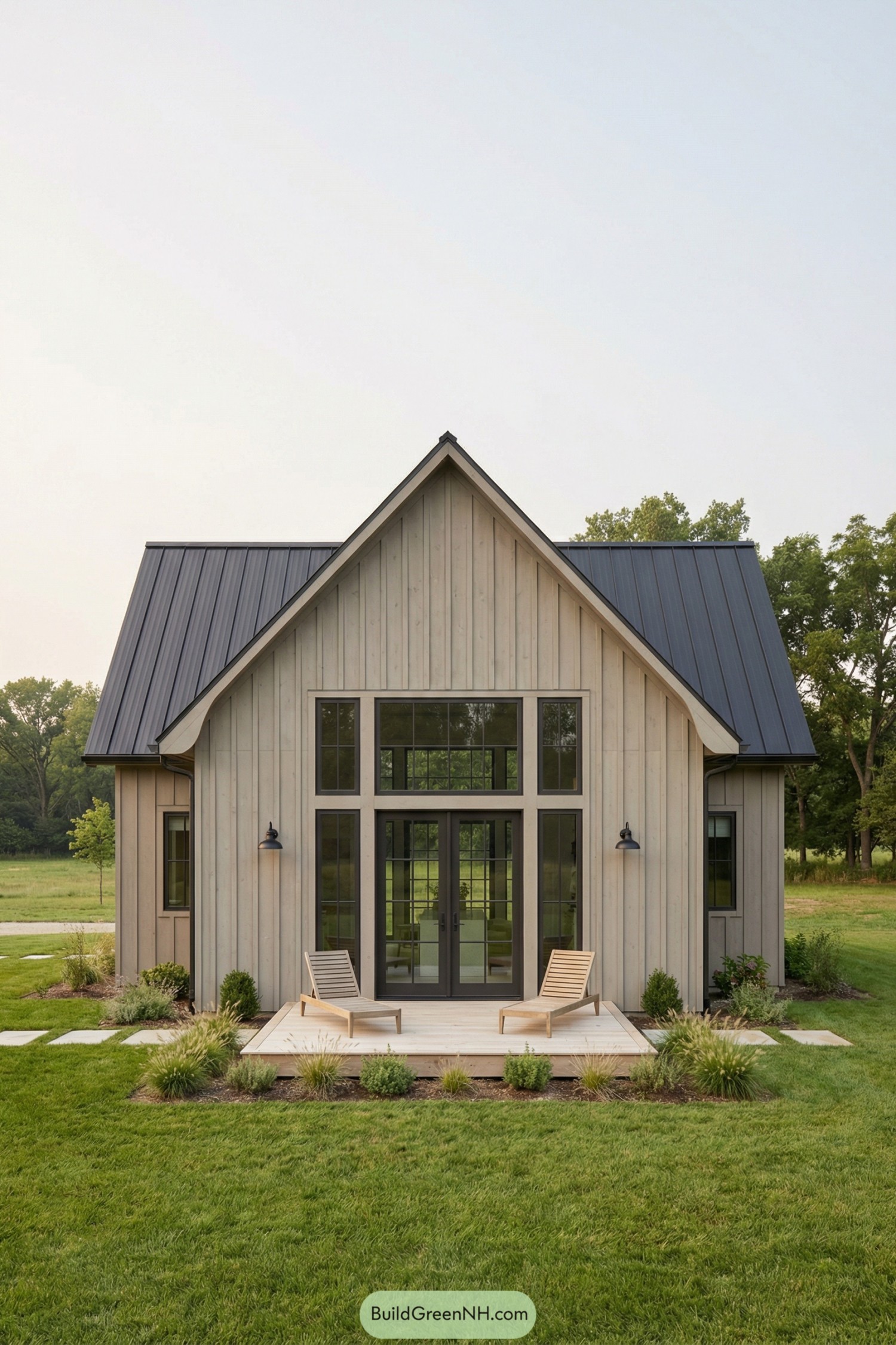 Modern gabled barn-style home with tall windows and small patio