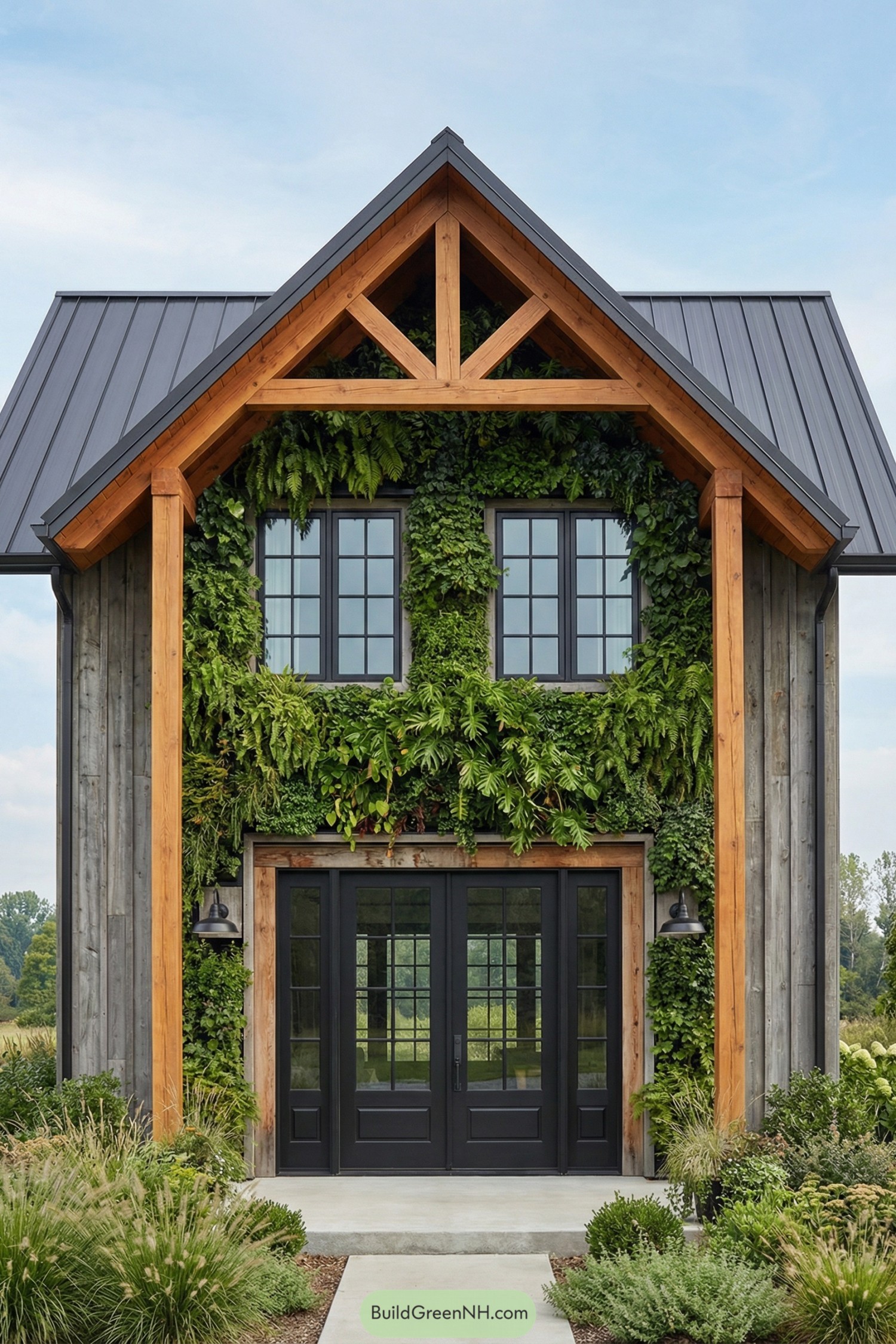 Modern barndominium facade with lush green wall