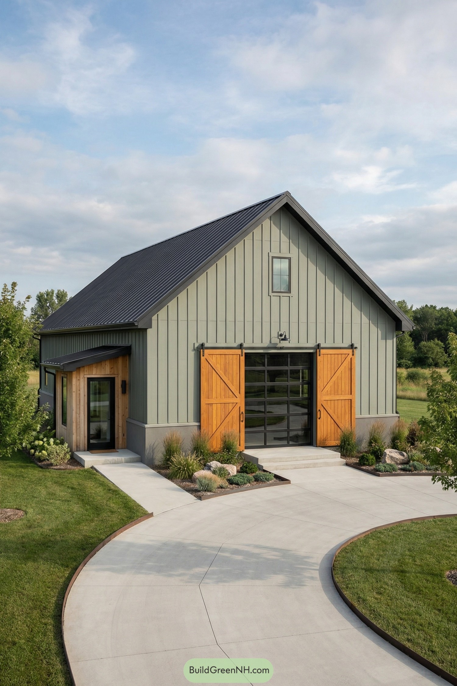 Modern barndominium with sage siding black metal roof and warm wood accents