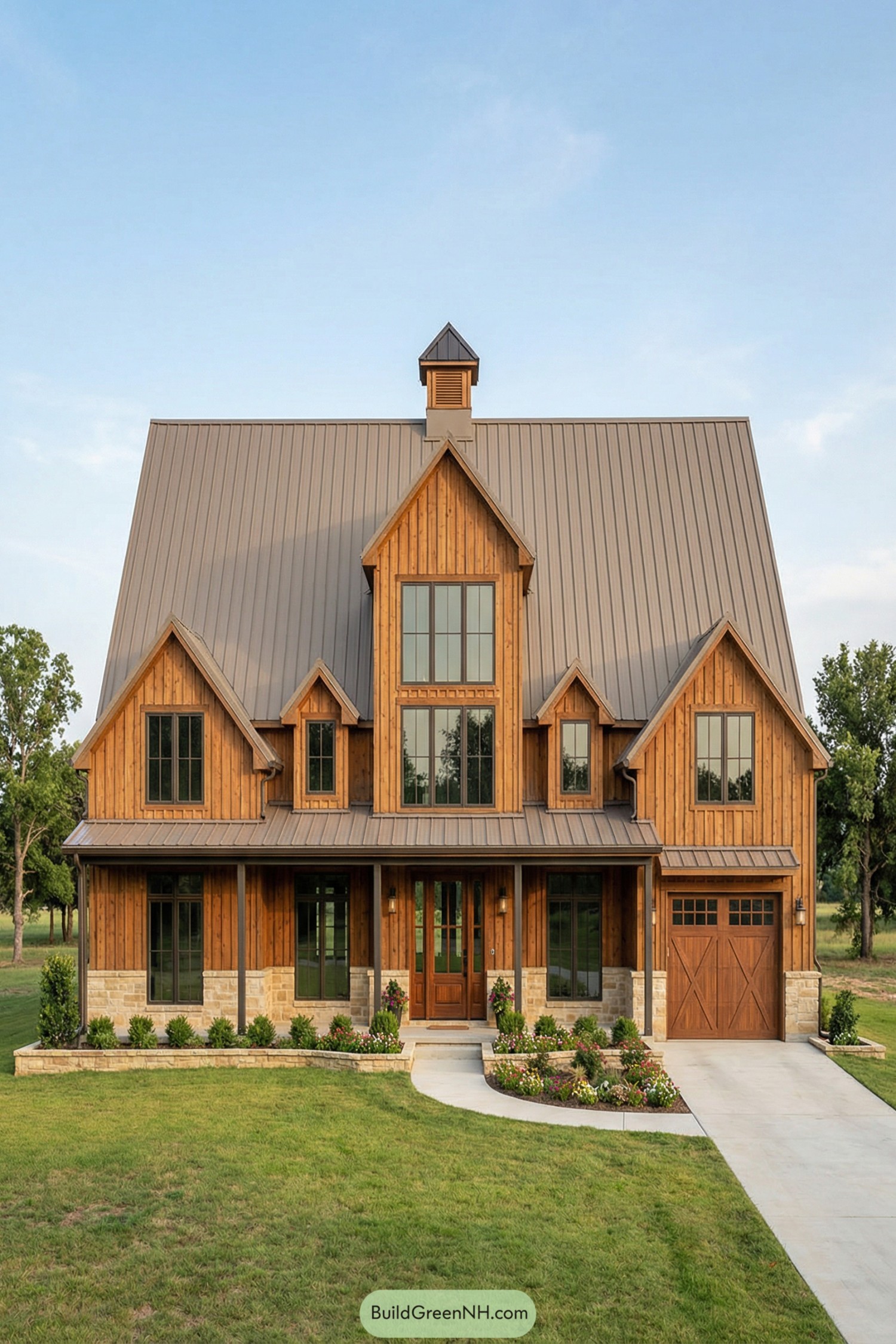 Tall wood-clad barndominium with steep metal roof and stone base, front porch, side garage, and landscaped entry path