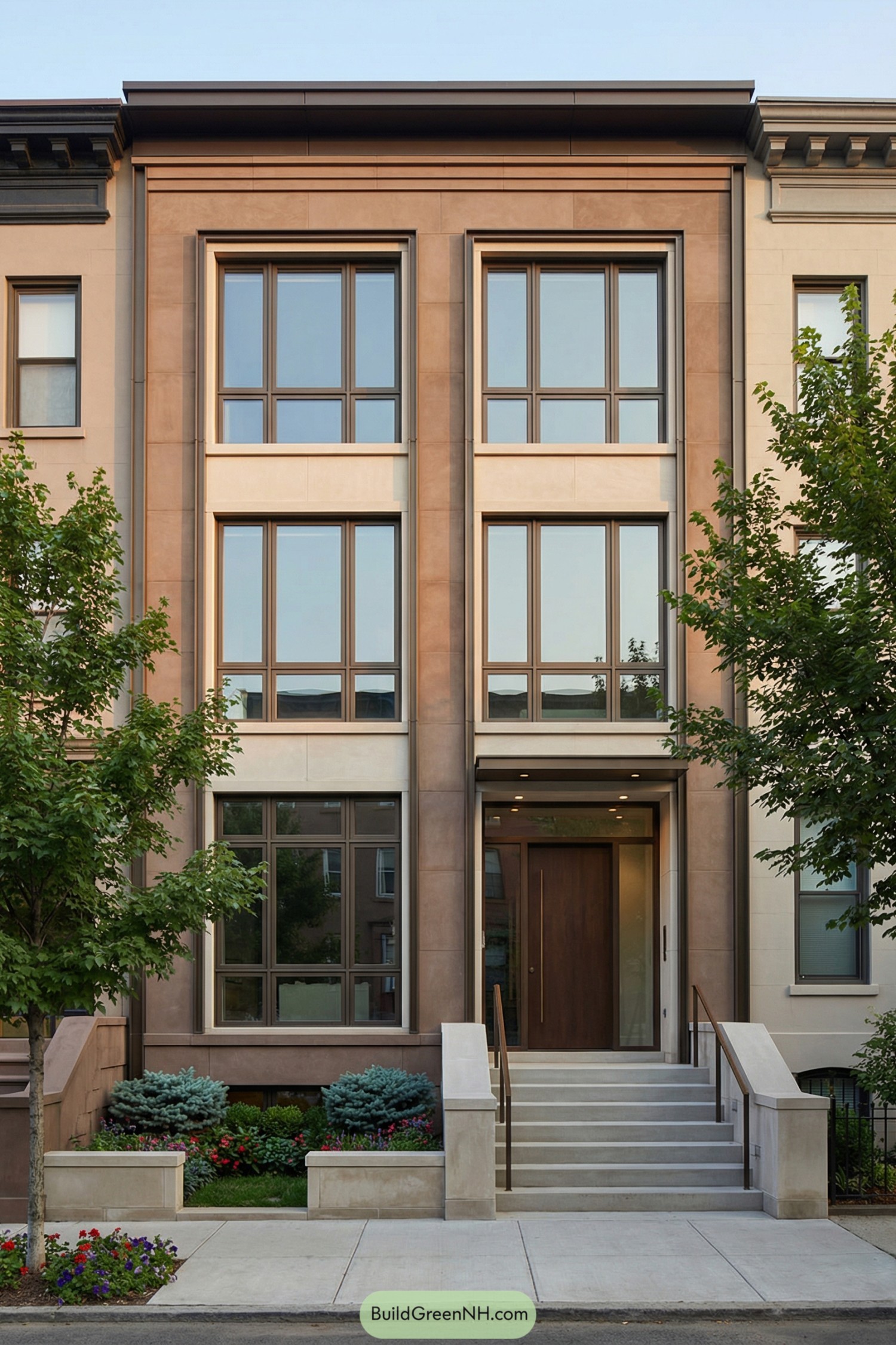 Modern brownstone facade with tall windows and landscaped stoop