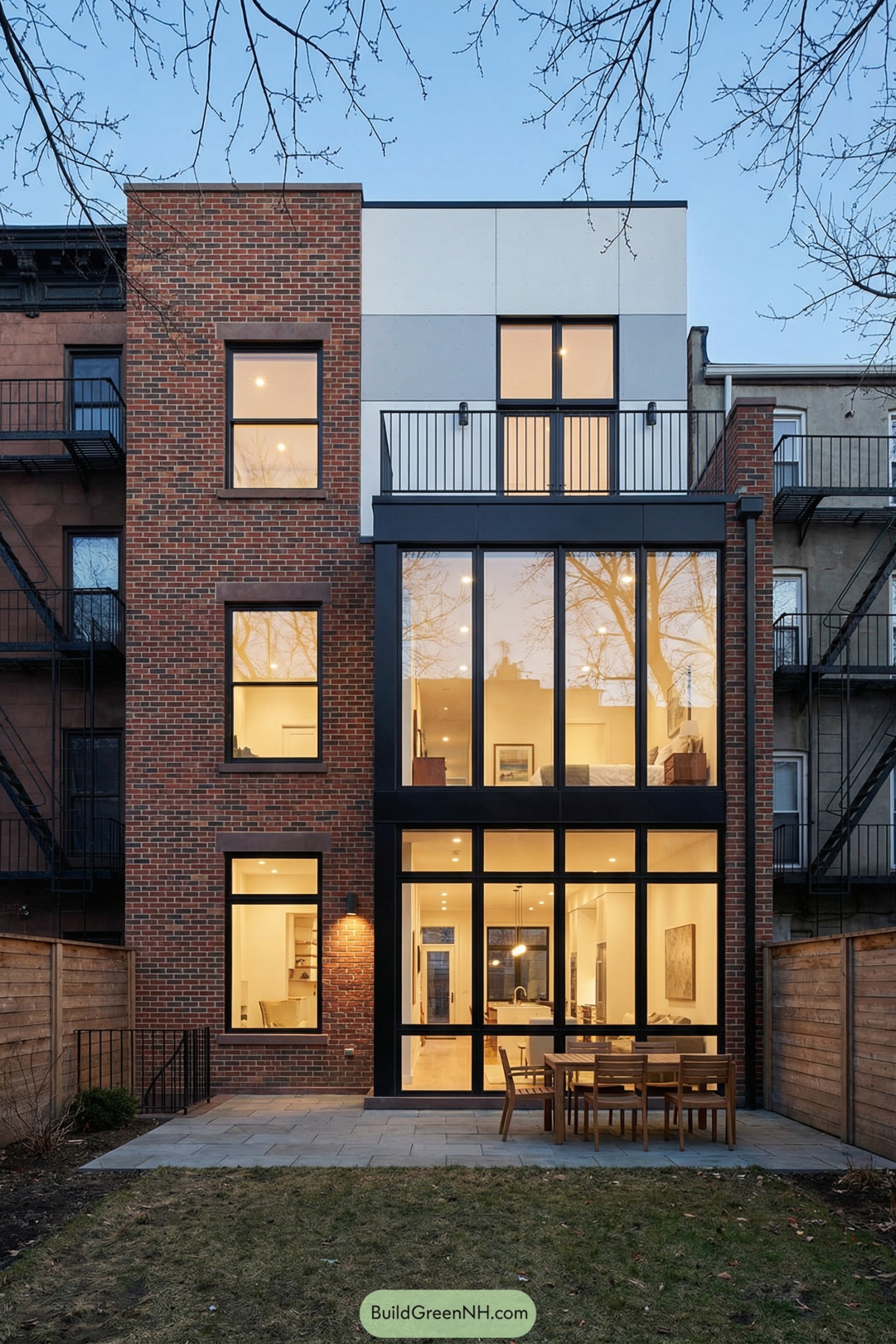 Modern brick brownstone rear facade with large black-framed windows and a small patio dining area