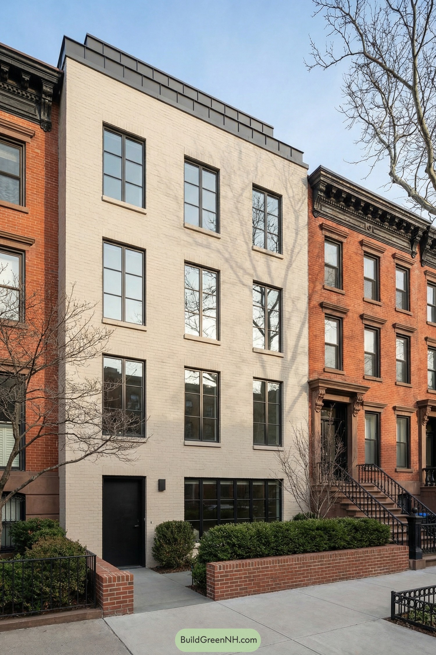Cream brick modern brownstone with dark-framed windows