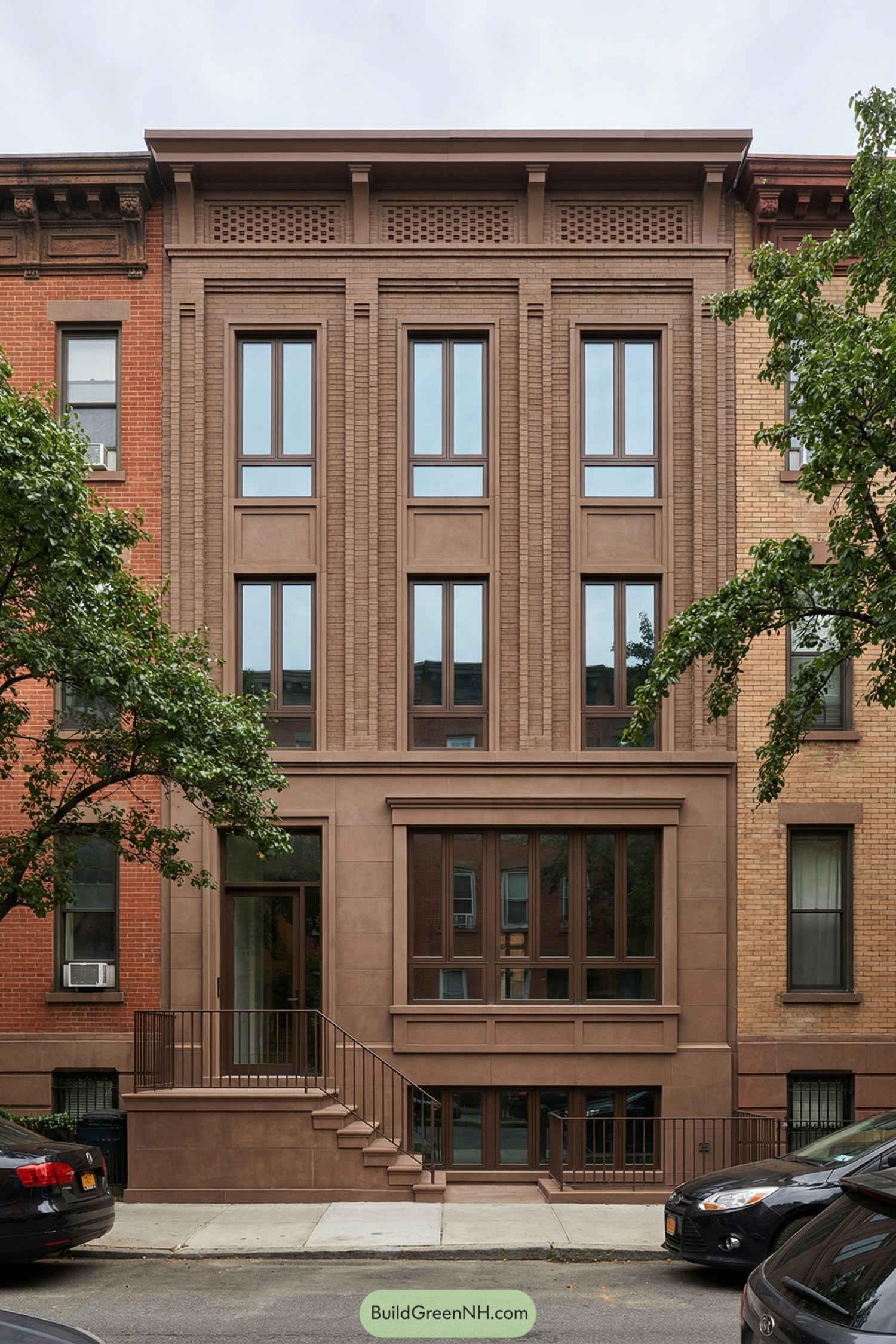 Contemporary brownstone townhouse front on city street