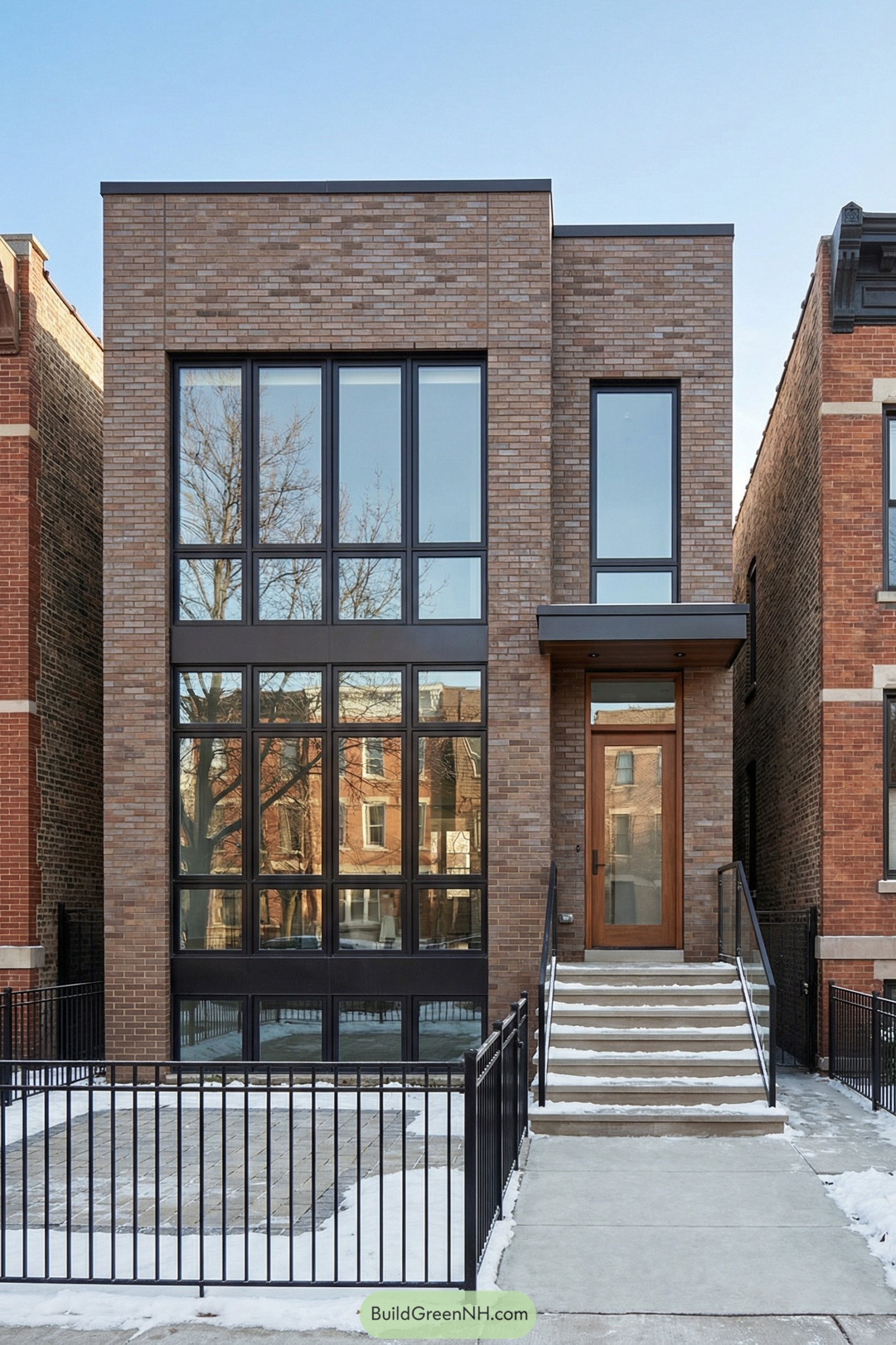 high-res photo of modern brownstone house, flat two-story rectilinear facade with clean lines and asymmetrical composition, warm medium-brown brick cladding with subtle tonal variation and dark metal trim, narrow vertical lot-filling volume with a slightly recessed entry bay on the right and a wider main mass on the left, flat roof with dark metal coping and minimal parapet, expansive floor-to-ceiling grid windows on both levels of the main bay with slim black aluminum frames and strong vertical mullions, single tall narrow window above the entry bay aligned vertically, modern flush front door in warm wood tone with full-height vertical glass insert set back beneath a shallow overhang, front approach with straight concrete walkway and raised concrete stoop accessed by wide concrete steps and simple metal handrails with glass or metal infill, low black metal fence with vertical pickets and minimal ornament enclosing a small paved forecourt, light dusting of snow on steps, walkway, and yard edge, neighboring brick party-wall buildings pressed closely on both sides, reflections of bare winter trees and opposite houses in the large glazing, clear blue winter sky above an urban residential street, real-life photo, high-resolution, architectural photography, soft lighting, cinematic composition.