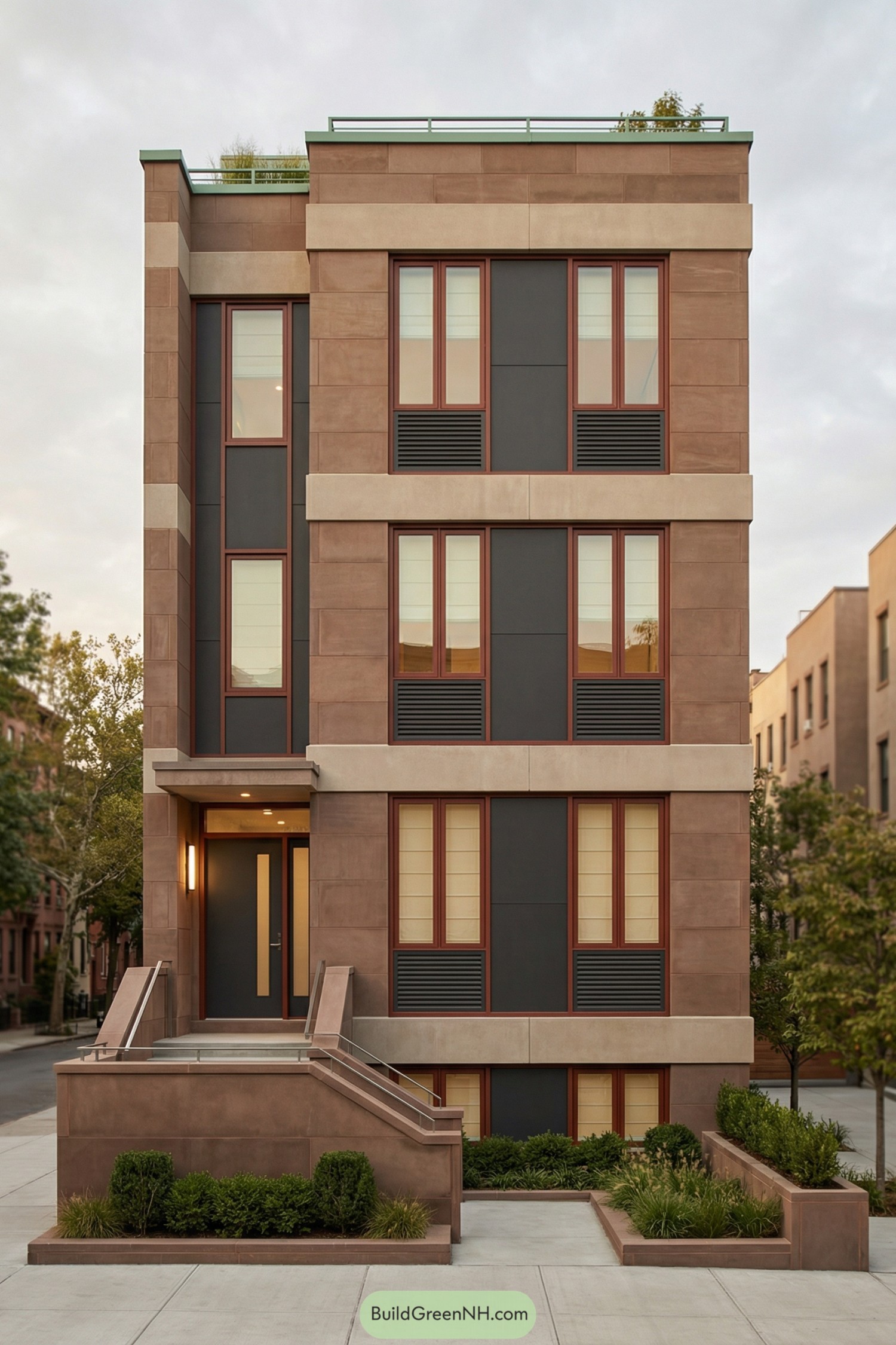 Modern brownstone townhouse with clean lines and stacked windows