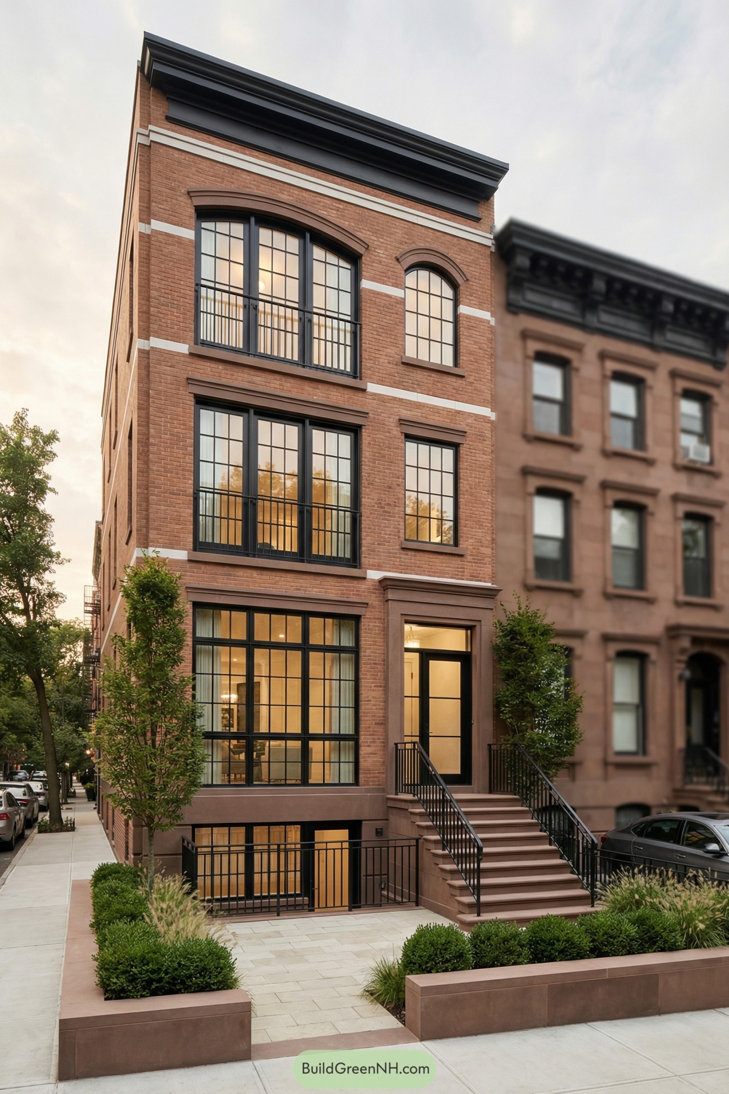 Modern brownstone facade with tall black-framed windows and landscaped front terrace