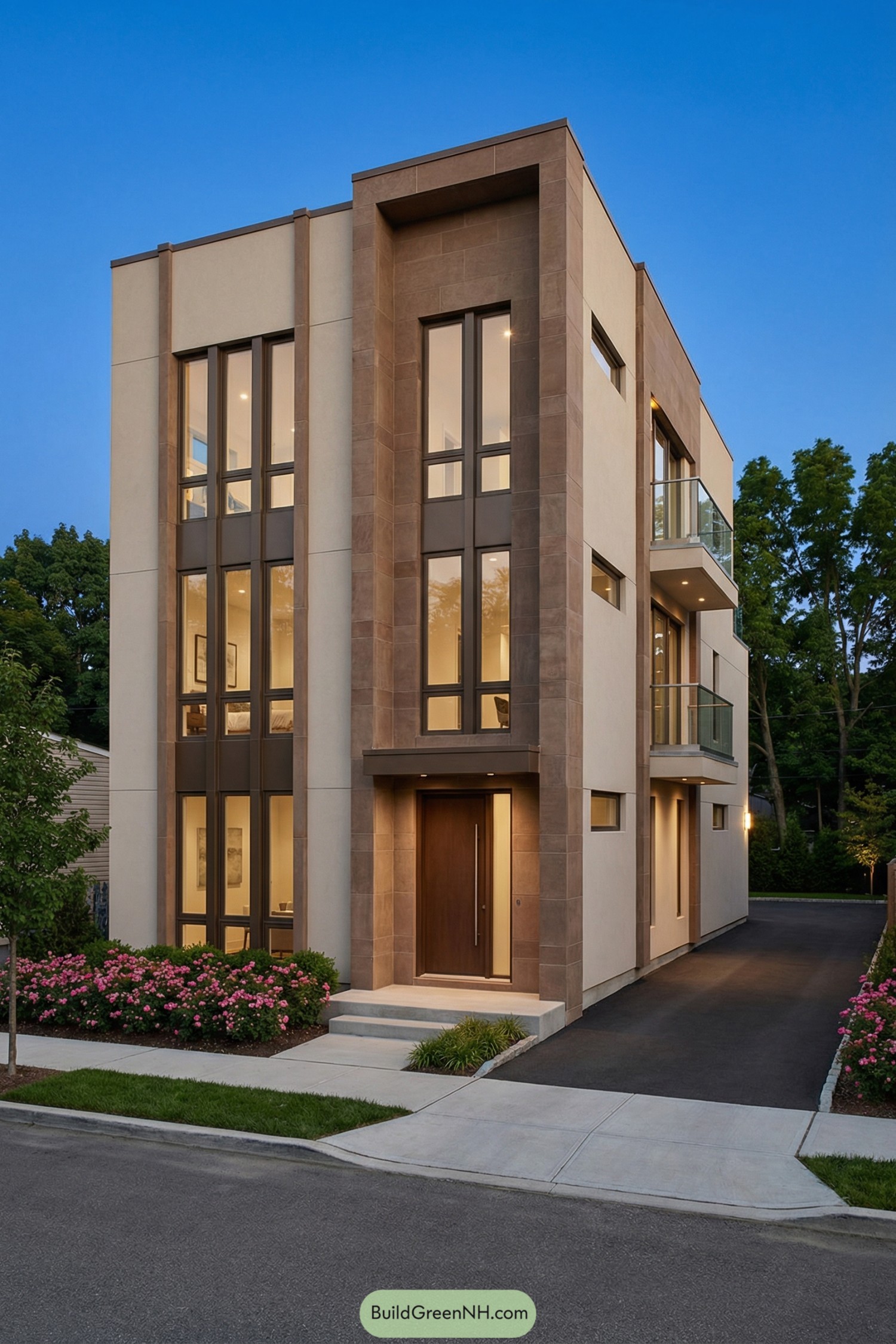 Modern three-story brownstone with tall windows and side balconies at dusk